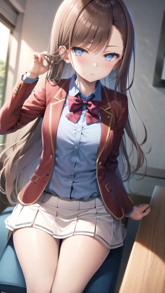 masterpiece, best quality, highres, 1girl matsushita swept bangs brown hair, white skirt red jacket blue shirt open jacket blue bowtie sitting on chair