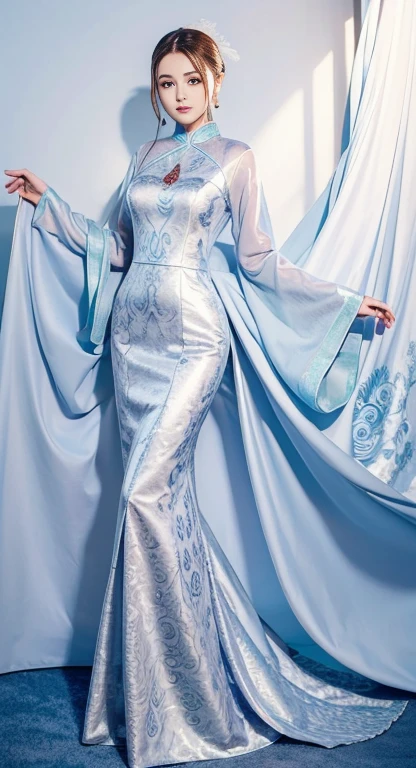 the girl in the Ao Dai is sewn from thin silk or cotton fabric, has a long and body-hugging white style that is very detailed, the peacock pattern in front of the shirt is very detailed, the girl stands in a very splendid space with many details