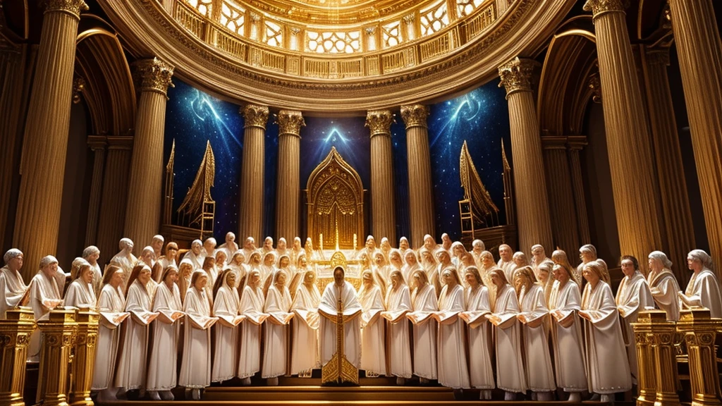 detailed intricate angelic choir, glowing white robed angels, golden gates, harps, trumpets, flying musical notes, heavenly clouds, cinematic dramatic lighting, photorealistic, matte painting, vibrant colors, highly detailed, 8k, masterpiece