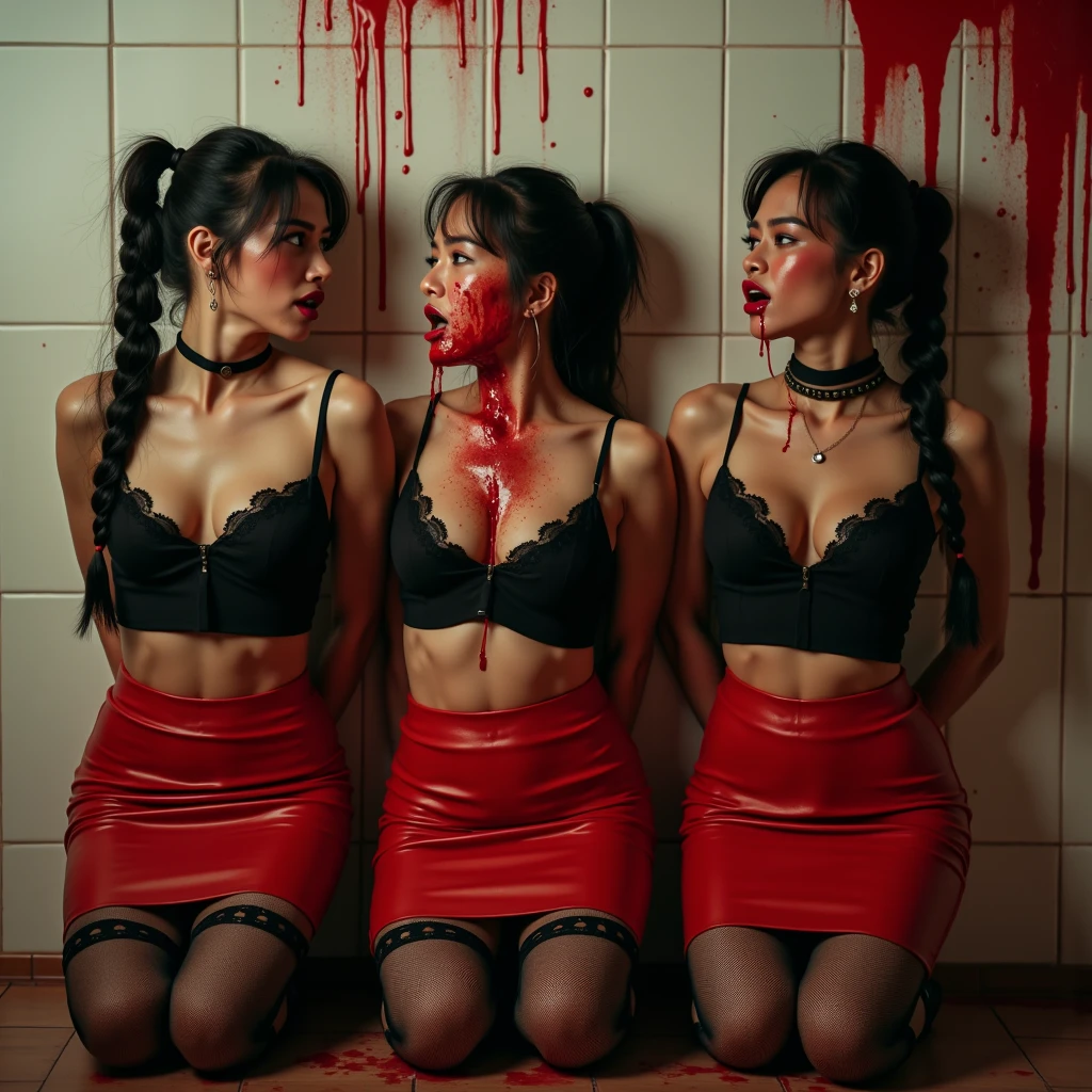 ponytails, toned muscles, toned shoulders, freckles, perfect grey eyes, scary eyes, red blood on her nude ass, Blood dripping off her mouth, a lot of dripping blood, bloody mess, their bodies are covered in red dripping blood, they are sexy female man killers, ,masterpiece, bloody blowjob, detailed cock, (she has your cock in her mouth), (((red dripping blood))), sexy and perfect tight heart shaped ass, ((female vampire with sharp perfect fangs)), intense, super slutty, (skintight slutty and revealing bodysuit), ((skirt/pantyhose)), perfect legs and skinny thighs, pantyhose, ((perfect tight ass)), they just killed a man during sex and are covered in his blood, murder scene, beautiful horror. bigger , perky nipples, blood dripping off her skin, she just killed a man during sex