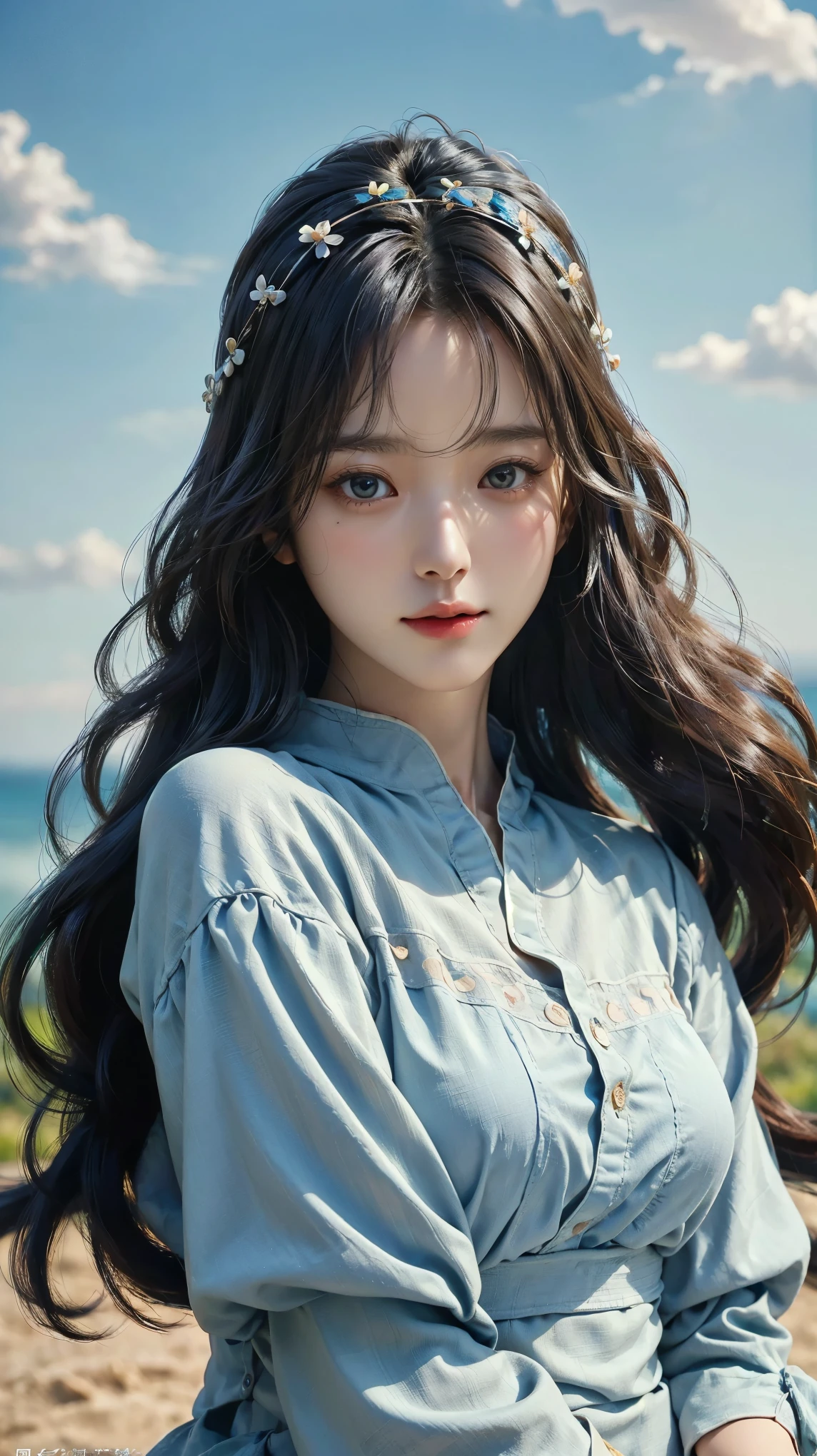 (masterpiece), ( top notch ), ( High Quality Details), (illustration), (1 woman),  look at the viewer and focus on the , (Interview),  beautiful and detailed eyes ,  delicate and beautiful face , Floating , (High saturation), (shining),  blue sky, Bright and beautiful face,  skin is young and radiant , 공정하고 shining, Best appearance , Very beautiful,  big eyes shine with clear sky blue light,  beautiful and amazing beautiful girl ,