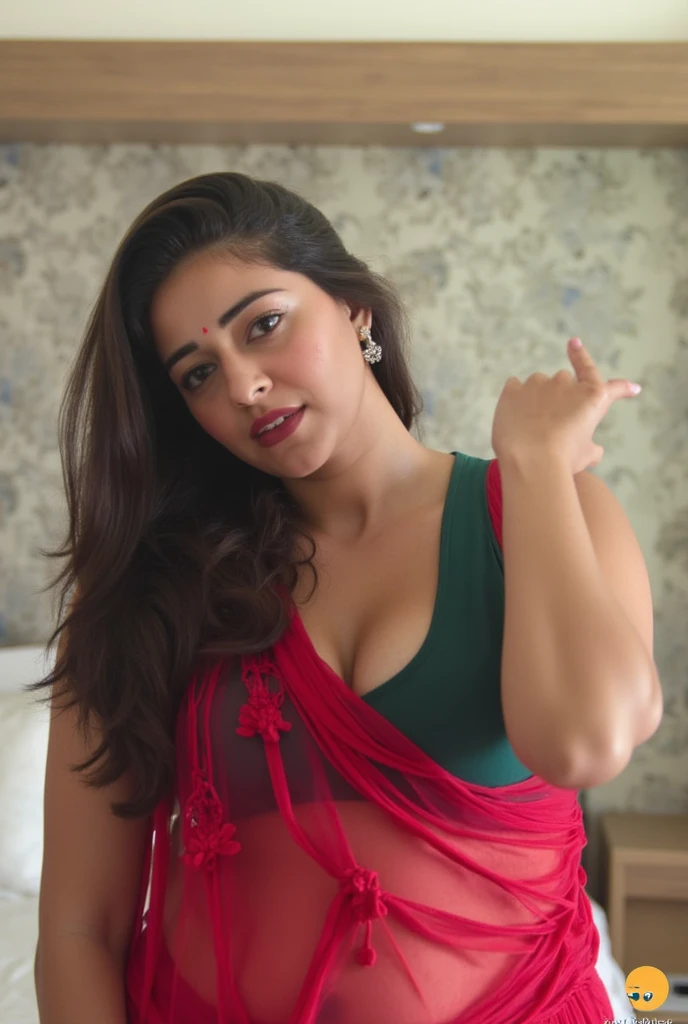 Realistic photo of Indian busty female aged 26 with average sized body and brownish skin tone.Realistic Showing huge breast in bedroom and showing her navel. No ornaments. Full size photo. Wearing see through red saree and blouse green .Realistic photo.