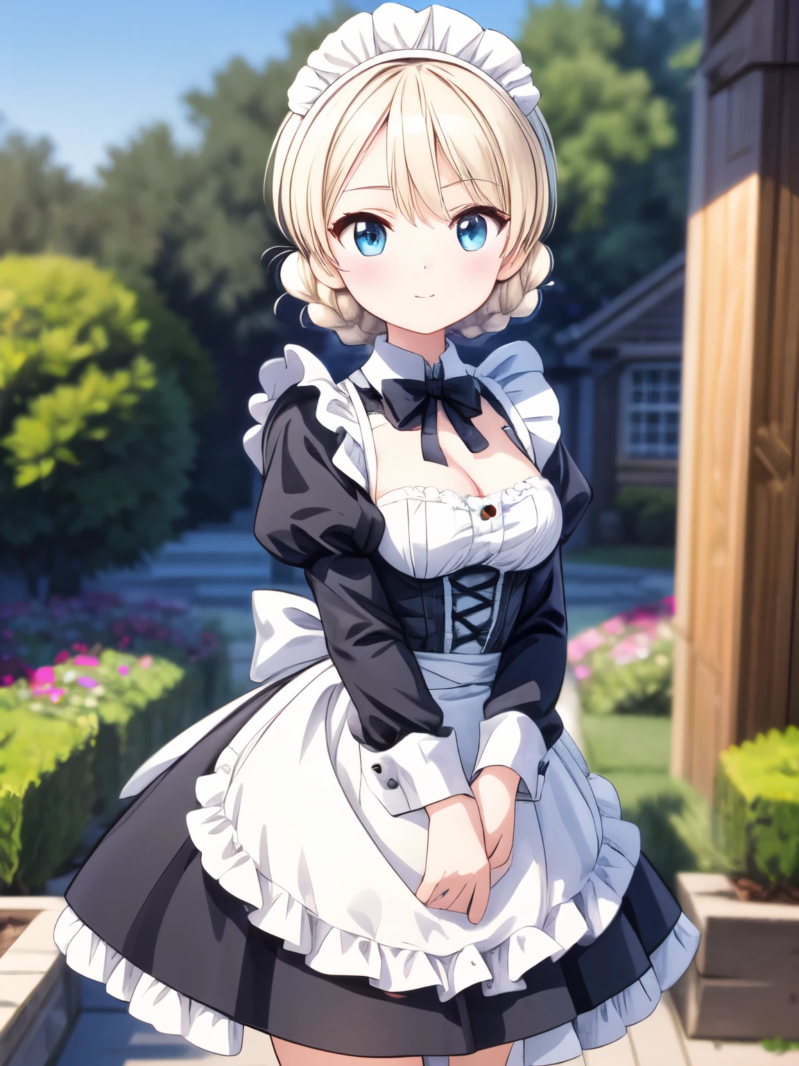  Hi-Res,  best quality,  super quality ,3D Images, one girl 、( animated illustration style:1.5),solo、Darjeeling 、 standing 、garden,  Girl in Love, Absolute reference to the center、( victorian maid clothes:1.3)