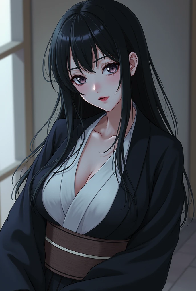 (high-quality, breathtaking),(expressive eyes, perfect face) ((yukata, cleavage, sexy lips)), 1girl, female, solo, young adult, black hair , black coloured eyes, stylised hair, gentle smile, medium length hair, loose hair, hair between eyes, japanese clothing, demon slayer art style