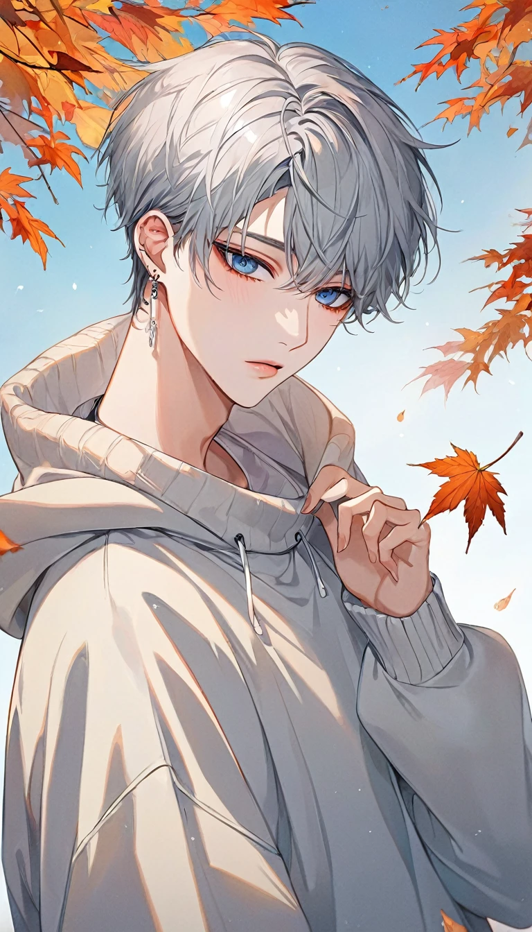 K-Pop,  absurd,  Hi-Res, Super detailed,  Hi-Res,  Masterpiece」,  best quality,  Extremely Detailed Face ,   Delicate Features  , Jaehwan, Sexy Men, Gray Hair,  short hair, No fringe, no bangs , Beautiful Hair,  COOL BLUE EYES ,   The World After Fall  , Alone, Functional, Young Face, Warm sweaters with fall clothes , cold, transparent, black, boyfriend, ,  earrings for a woman alone, K-Pop boy,   draw a large background  , Anime, K-Pop model, On the Autumn Road , Shy Poses ,   draw a large background  , 4K, High image quality, Korean Makeup,  Upper Body Photo ,  Draw Your Upper Body Big , Gentle Light,  I'm talking to you,