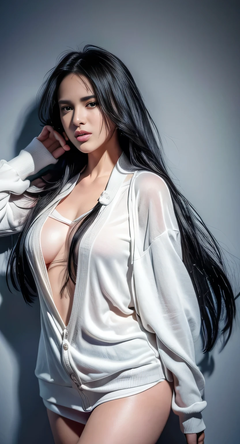 Masterpiece, Best Quality, Ultra High Resolution (Realisticity: 1.4), Original Photo, 35mm Lens, Aperture F1.4, Movie Poster, Light and Shadow, A Girl, In White Cardigan, Long Black Hair, Real Skin, (Skin Detail: 1.3),