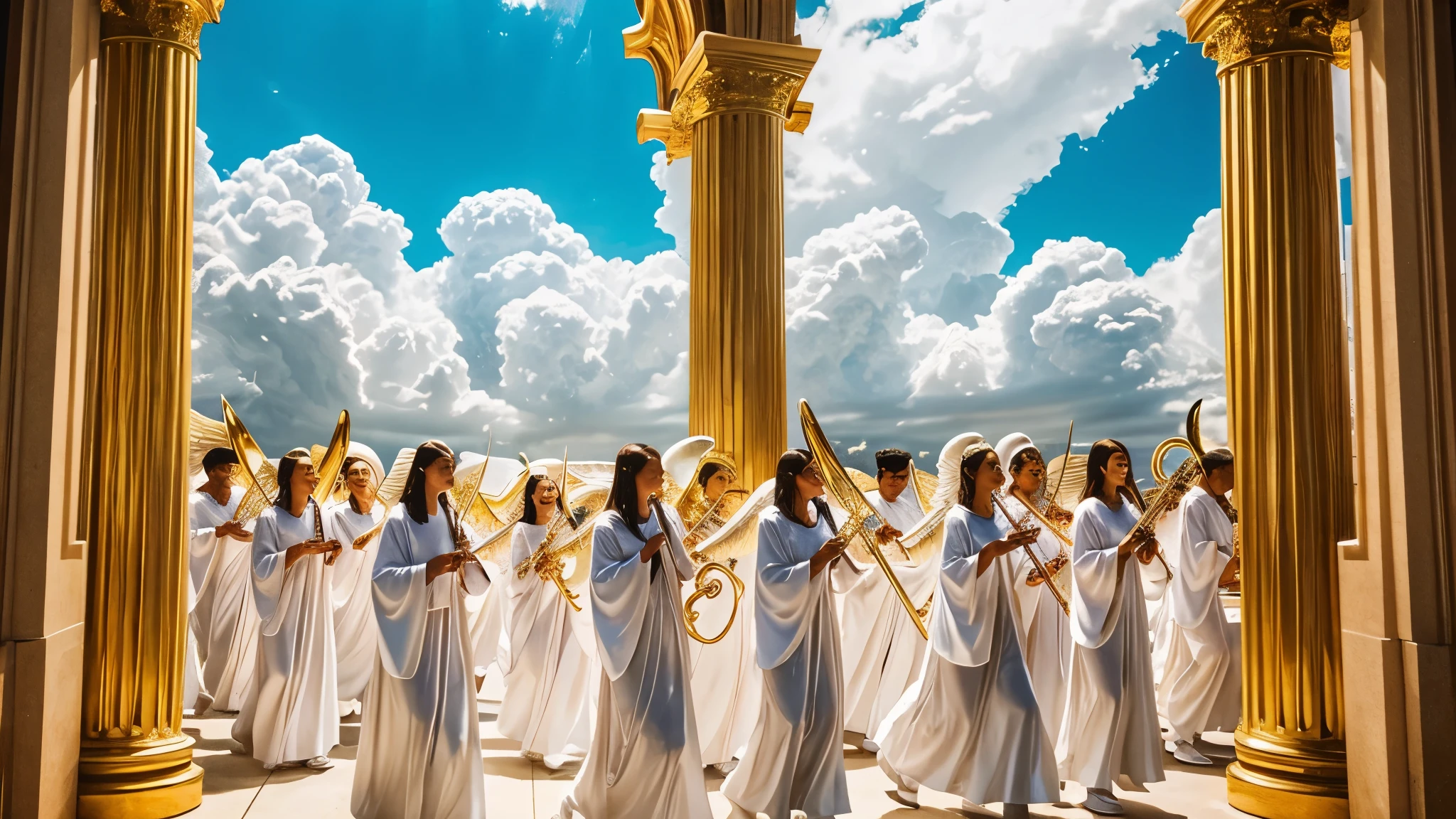 Praise God ,  Groups of angels dressed in white, Trumpets, harps ,  flying musical notes ,  golden gates , clouds