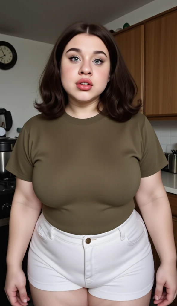 shortstack Gina in the kitchen modeling a t-shirt and white cutoffs, full body shot, stern expression