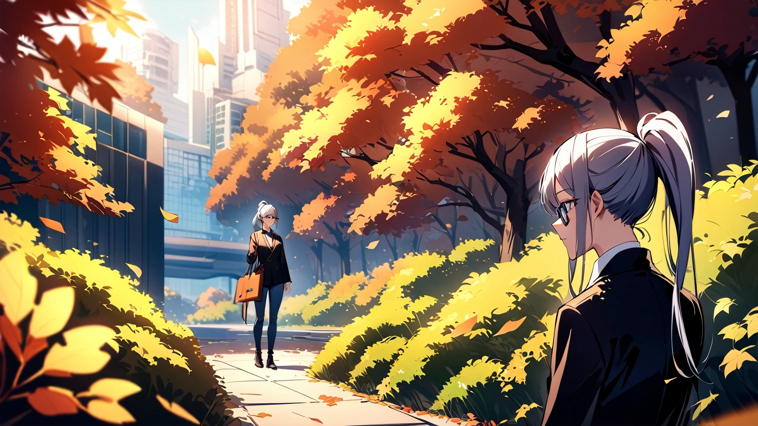 A beautiful female scientist with silver hair styled in a sleek ponytail, wearing fashionable eyeglasses and displaying bright blue eyes, standing in a serene, futuristic garden within a sci-fi city. She is dressed in a stylish black tweed blazer with subtle futuristic patterns, paired with form-fitting skinny jeans, capturing a blend of elegance and modern style. The scene is set in the fall season, with vibrant autumn leaves in shades of red, orange, and yellow scattered around the garden and gently falling from nearby trees. The background reveals glimpses of advanced architecture, with sleek, futuristic buildings rising in the distance, surrounded by lush autumn foliage. The scientist is positioned on the right side of the image, with the focus on her upper body, exuding a calm and thoughtful expression as she gazes slightly off-camera. Soft, golden sunlight filters through the autumn trees, casting a warm glow over her face and adding to the cozy, fall atmosphere.