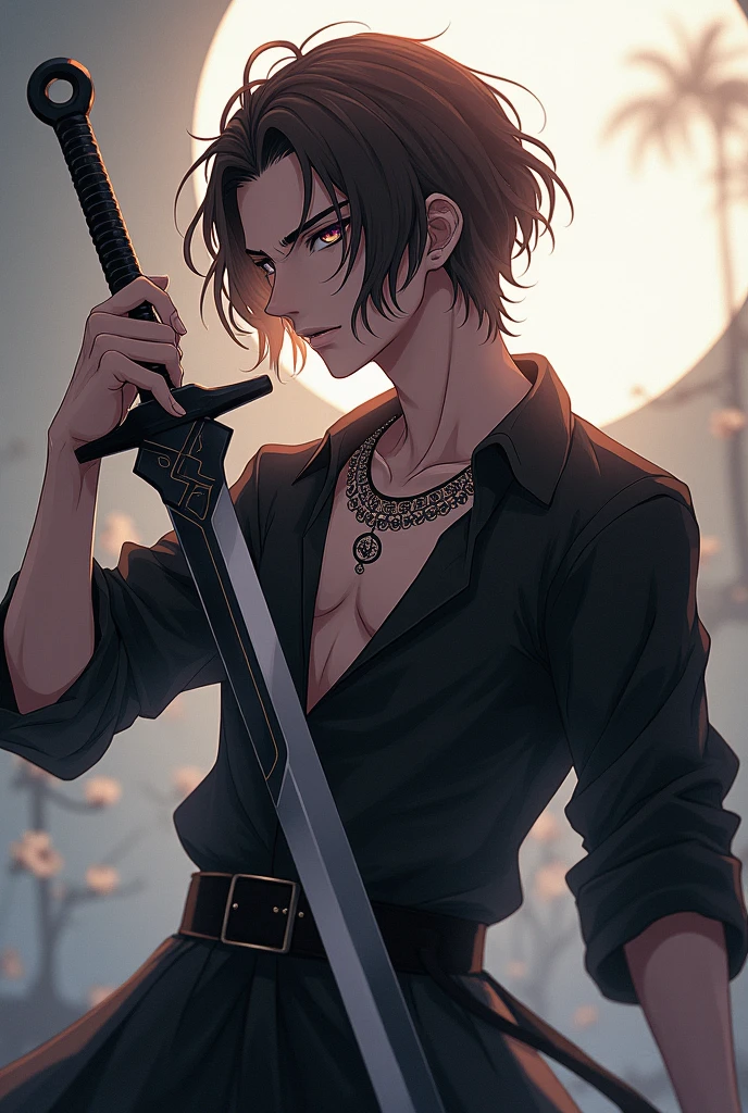 anime - style image of a man with a sword in his hand, cara bonito na arte demon slayer, segura uma espada, segura uma espada preta, com espada grande, enquanto segura uma espada, personagem de anime masculino, arte detalhada do personagem de anime, inspirado em Okumura Masanobu, Retrato de Eren Yeager, cara de anime alto com olhos azuis