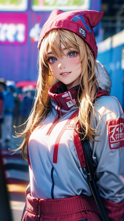 (8k, best quality, masterpiece:1.2), ultra-detailed, Masterpiece, realistic lighting,masterpiece, best quality, masterpiece, official art,extremely detailed CG unity 8k wallpaper,beautiful detailed eyes, light on face, 1girl, Asuka,Upper body, breasts, pilot_suit, plugsuit, red_jacket, windbreaker, gloves, bandage, hair_ornament, bracer, 