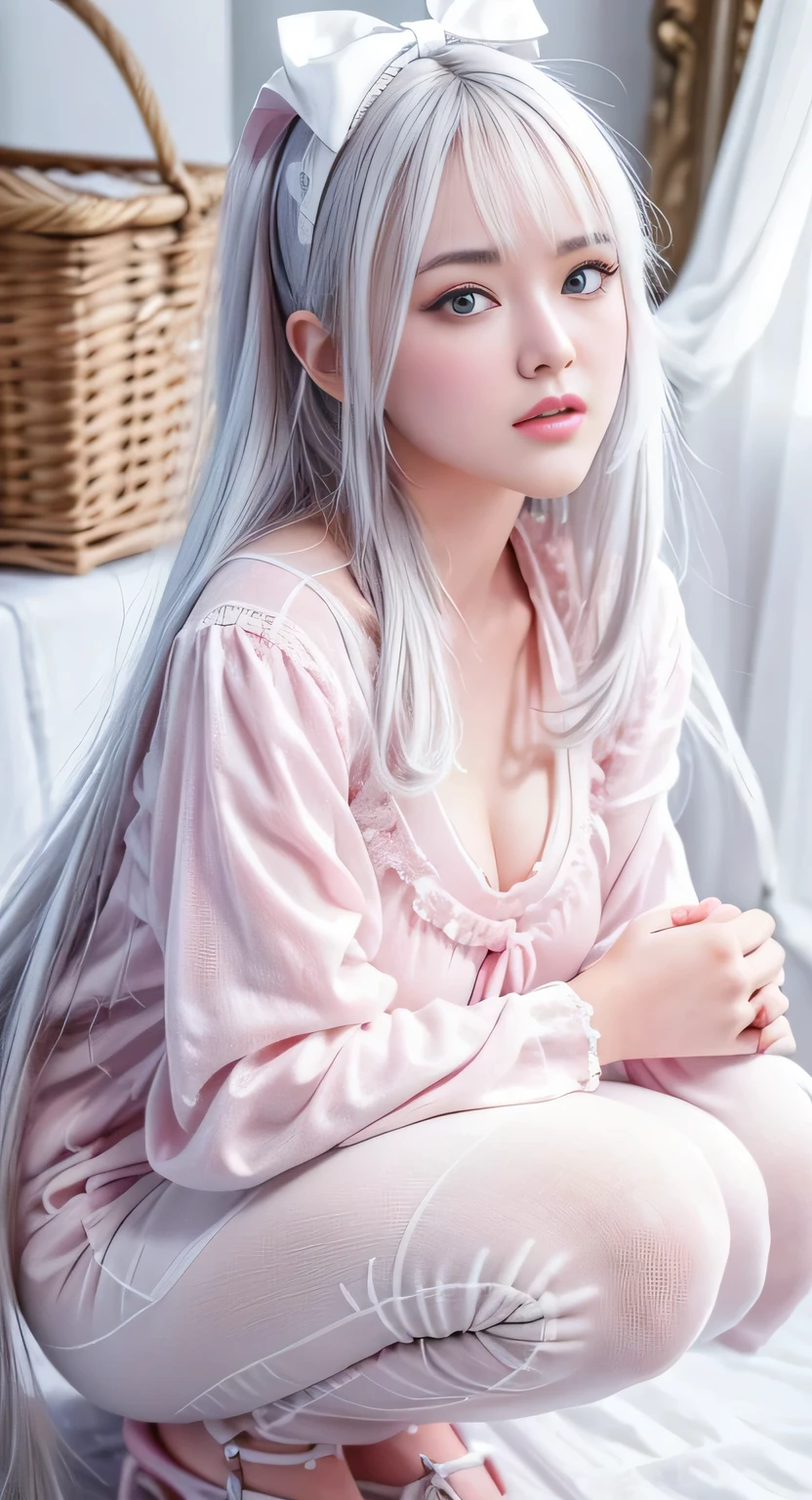 Masterpiece, best quality, super detailed, illustration, beautiful detailed eyes, close up, a girl. It is white hair, pink bow, white pajamas. Squat on the ground and rummage through the clothes basket