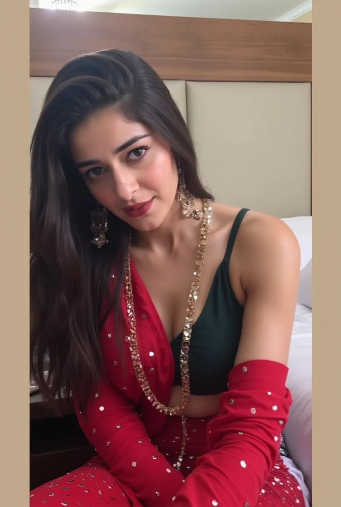 Realistic photo of Indian busty female aged 26 with average sized body and brownish skin tone.Realistic Showing huge breast in bedroom and showing her navel. No ornaments. Full size photo. Wearing see through red panty and bra green .Realistic photo. Deep cleavage and navel nude naked 