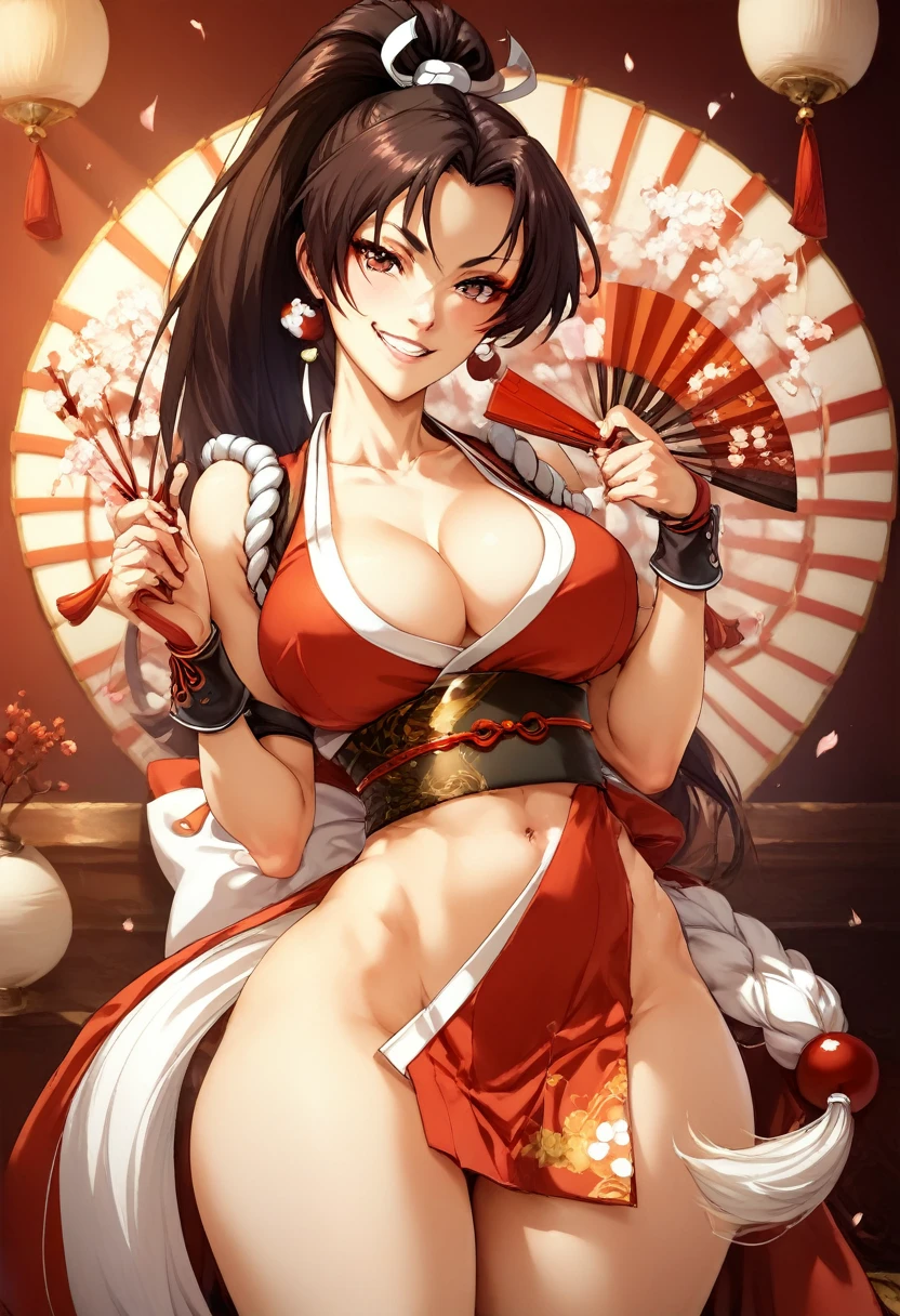 mai shiranui,  seductive pose , mischievous smile, Fan in the hands 