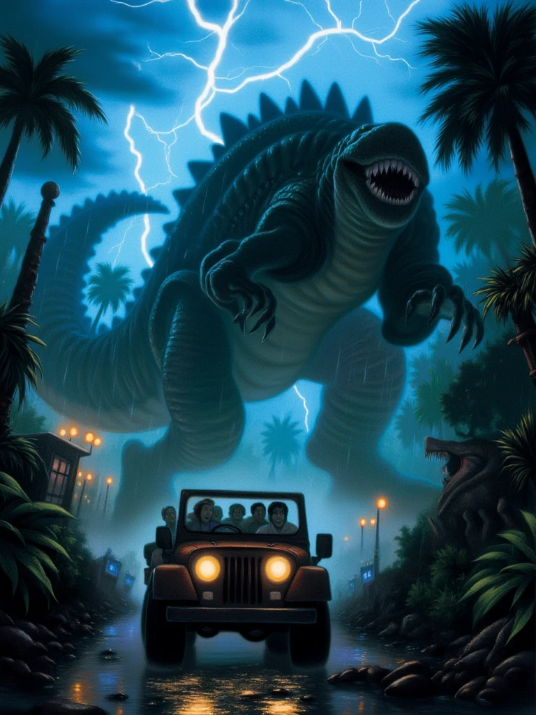 mrygp, A team of scientists sits in a rugged jeep, looking in awe and fear at the towering silhouette of a T. rex looming above them in the rain. Lightning flashes across the sky, illuminating the dinosaur’s massive form and razor-sharp teeth. The jungle around them is dense and dark, with wet foliage and scattered rain adding to the primal atmosphere, capturing the raw power of nature.