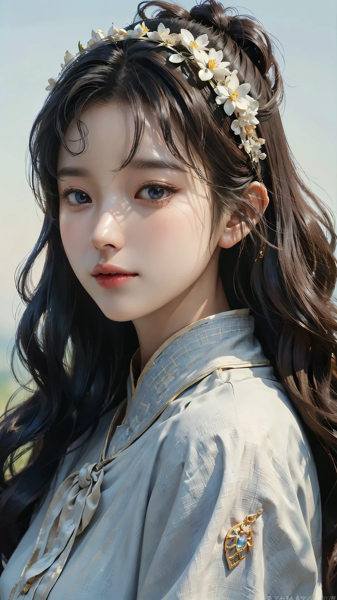 (masterpiece), ( top notch ), ( High Quality Details), (illustration), (1 woman), look at the viewer and focus on the , (Interview), beautiful and detailed eyes , delicate and beautiful face , Floating , (High saturation), (shining), blue sky, Bright and beautiful face, skin is young and radiant , 공정하고 shining, Best appearance , Very beautiful, big eyes shine with clear sky blue light, beautiful and amazing beautiful girl ,