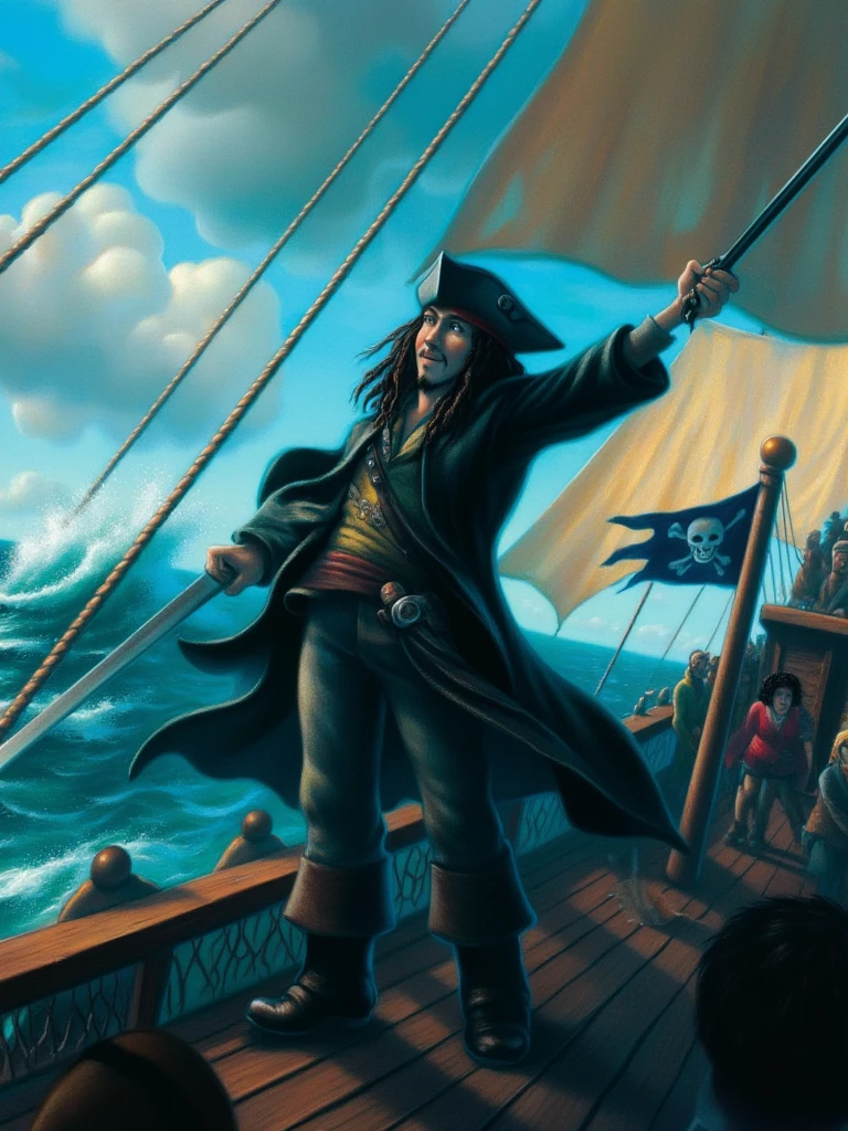 mrygp, Jack Sparrow stands high on the mast of a pirate ship, the vast, open sea stretching out behind him. His hat and coat flap in the wind as he surveys the horizon with a smirk, his hands resting confidently on his sword. The skies are stormy, and waves crash against the ship, creating an air of adventure and danger. Behind him, the pirate flag flutters, and the crew below moves about, ready for anything.