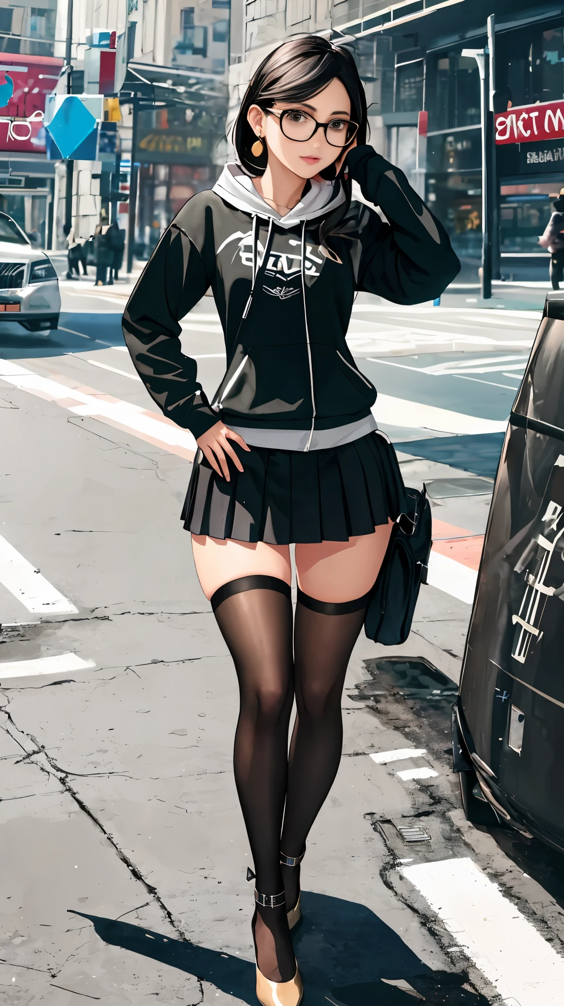 beautiful girl, gamer, glasses, bow earring, sweatshirt, very short skirt, tights, high heels, realistic physics in clothes, ray tracing
