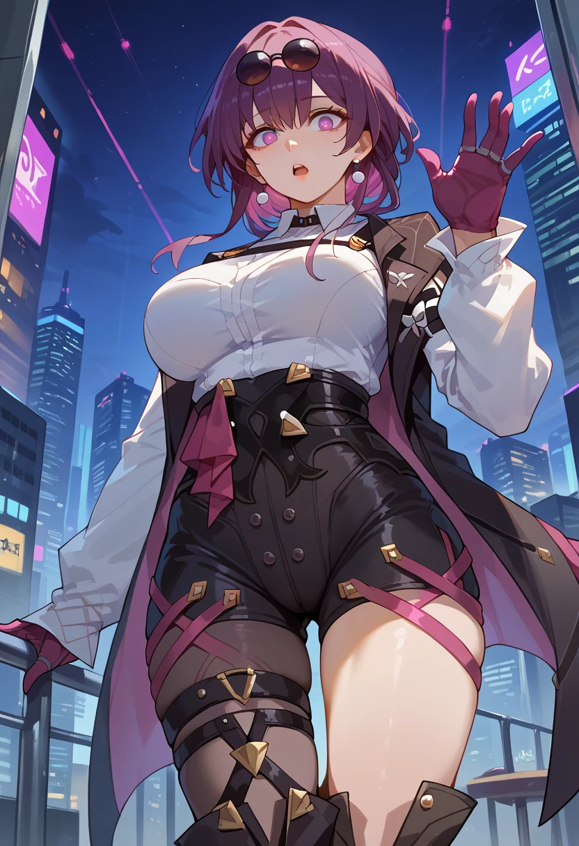 score_9, score_8_up, score_7_up, 1girl, solo, kfka, purple eyes, purple hair, bangs, sidelocks, eyewear on head, earrings, white shirt, collared shirt, long sleeves, black jacket, jacket on shoulders, harness, large breasts, purple gloves, black shorts, high-waist shorts, purple thigh straps, pantyhose, single thigh boot, standing, surprised, looking down, futuristic city, night, centered image