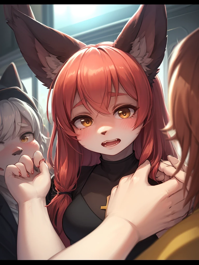 three full body naked pink hair fox ears slave girls wearing collar. shackles in hands. green eyes. Different hairstyles. crawling at viewer. Open mouth in a happy embarrassed pleasure expression with eyes half closed. Wet bodies. natural breasts, saliva trail, pubic hair, meowing, headdress, pinkish background
