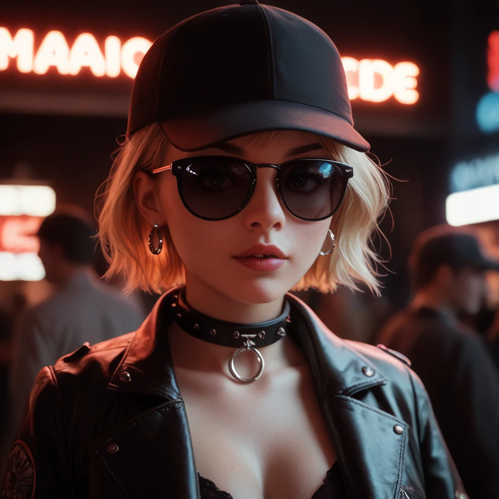 Close-up do rosto, Alternative girl,  looking over black sunglasses , jacket, collar,  neon light reflections on the skin, earring, makeup,  skin imperfections ,  short hair, hat, neon light background , low light,  depth of field , highly detailed, High contrast,  movie grain,  Edge lighting, Long exposure, dslr