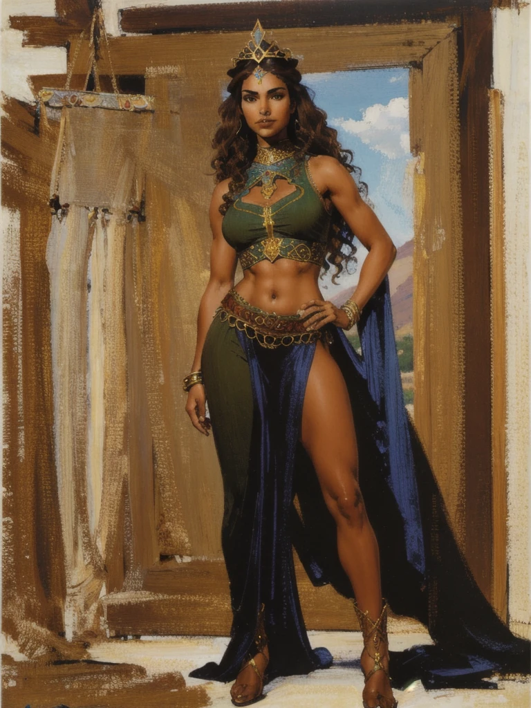 ((best quality)), ((4k)), ((highres)), ((masterpiece:1.2)). ((detailed)), ((ultra realistic)), ((intricate details)), ((full body picture)), ((character design sheet)), ((blank background)), a full body picture of a beautifull middle eastern female, arabic woman, fantasy warrior woman, fantasy odalisque woman, tall woman, fierce pose, perfect face, gorgeous face, detailed eyes, detailed lips, about 25 years old, about 6'0 ft. tall, long crisp curly bushy hair, brown hair, ((emphasis on her long crisp curly bushy brown hair)), slicked back hair, hourglass shaped body, dressed in a fantasy sleeveless desert clothing ((emphasis on her fantasy sleeveless desert clothing)), midriff, ((midriff)), multi-colored outfit, ((emphasis on multi-colored outfit)), boots, chain head tiara, fantasy concept art, fantasy character concept art, full body, full body concept art, full body art
