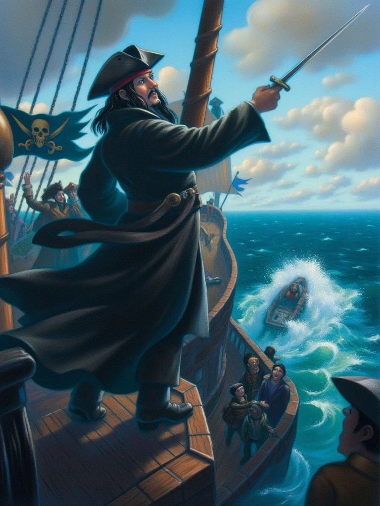 mrygp, Jack Sparrow stands high on the mast of a pirate ship, the vast, open sea stretching out behind him. His hat and coat flap in the wind as he surveys the horizon with a smirk, his hands resting confidently on his sword. The skies are stormy, and waves crash against the ship, creating an air of adventure and danger. Behind him, the pirate flag flutters, and the crew below moves about, ready for anything.