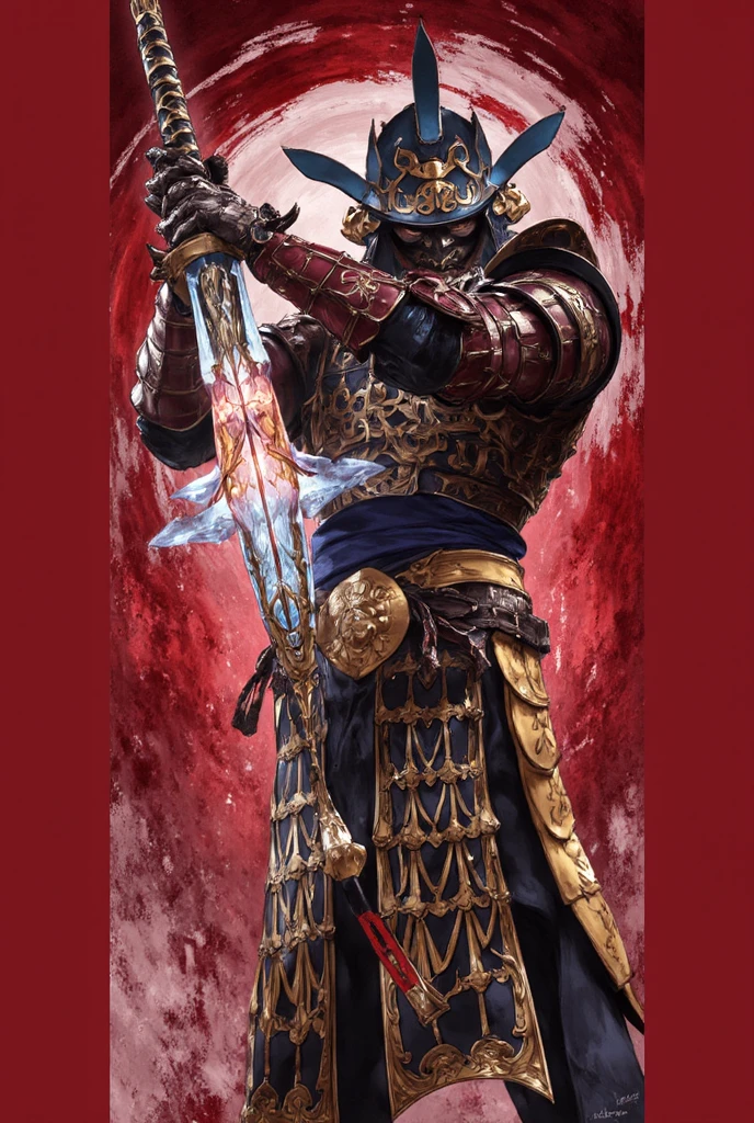 ((masterpiece, highest quality, Highest image quality, High resolution, photorealistic, Raw photo, Extremely detailed CG unified 8k wallpaper)), Dramatic Light, Volumetric Light, KATANA, A samurai wearing armor and a helmet is holding his sword, can't see his face, action pose, attention to the sword as a beautiful work of art, simple background, dark background, the sword reflecting light,