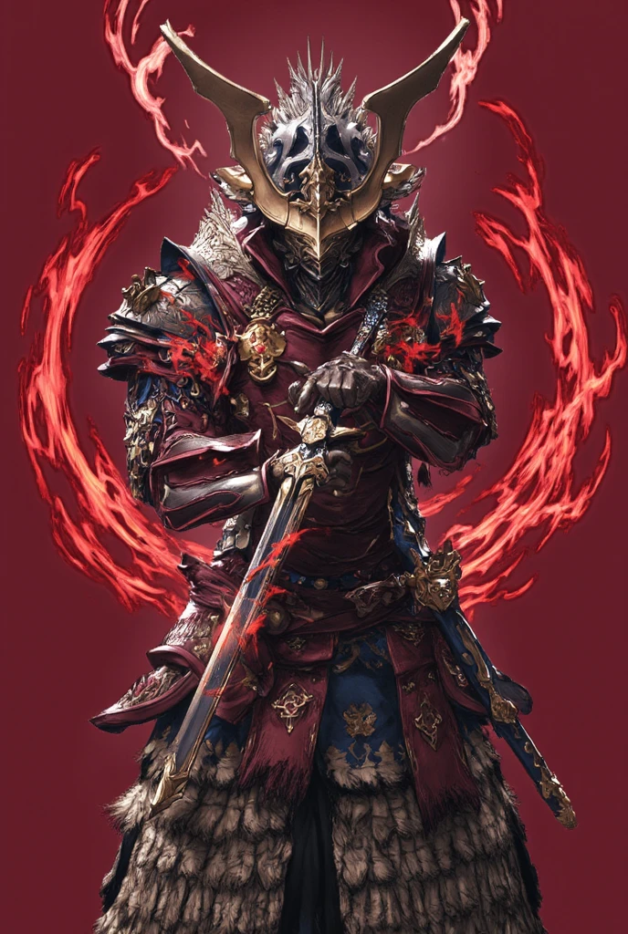 ((masterpiece, highest quality, Highest image quality, High resolution, photorealistic, Raw photo, Extremely detailed CG unified 8k wallpaper)), Dramatic Light, Volumetric Light, KATANA, A samurai wearing armor and a helmet is holding his sword, can't see his face, action pose, attention to the sword as a beautiful work of art, simple background, dark background, the sword reflecting light,