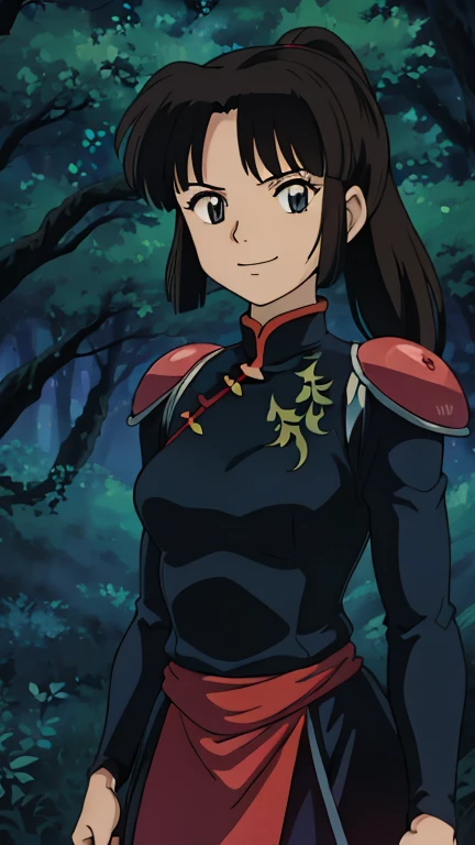 (1girl, Sango), (extremely detailed CG unit 8k wallpaper),(master part), (best quality), (ultra detail), (best illustration),(ghibli style), cowboy shot, standing, facing viewer, looking at viewer, perfect face, perfect eyes, perfect fingers, (Sharp eyeliner, ombre, detailed eyes:1), digital art, dark forest, black forest, fog, horror forest, dead trees, dying old grass, break , upper body, solo, smile, 