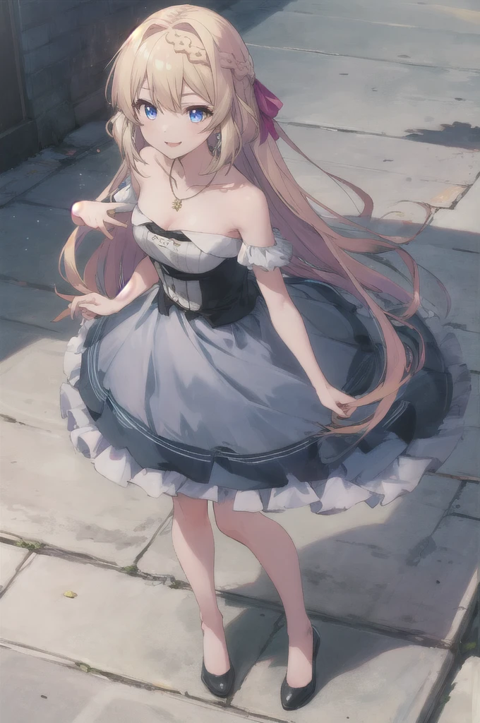 masterpiece, best quality, ultra-detailed, glistening shiny, glowing light, ray tracing, HDR, deph of field, (perfect face, detailed face), aizawaazusa, very long hair, braid, small breasts, v, smug, perfect face, standing, 😊😁, 1girl, solo, dress, jewelry, necklace, white_dress, strapless, strapless_dress, bare_shoulders, standing, full_body