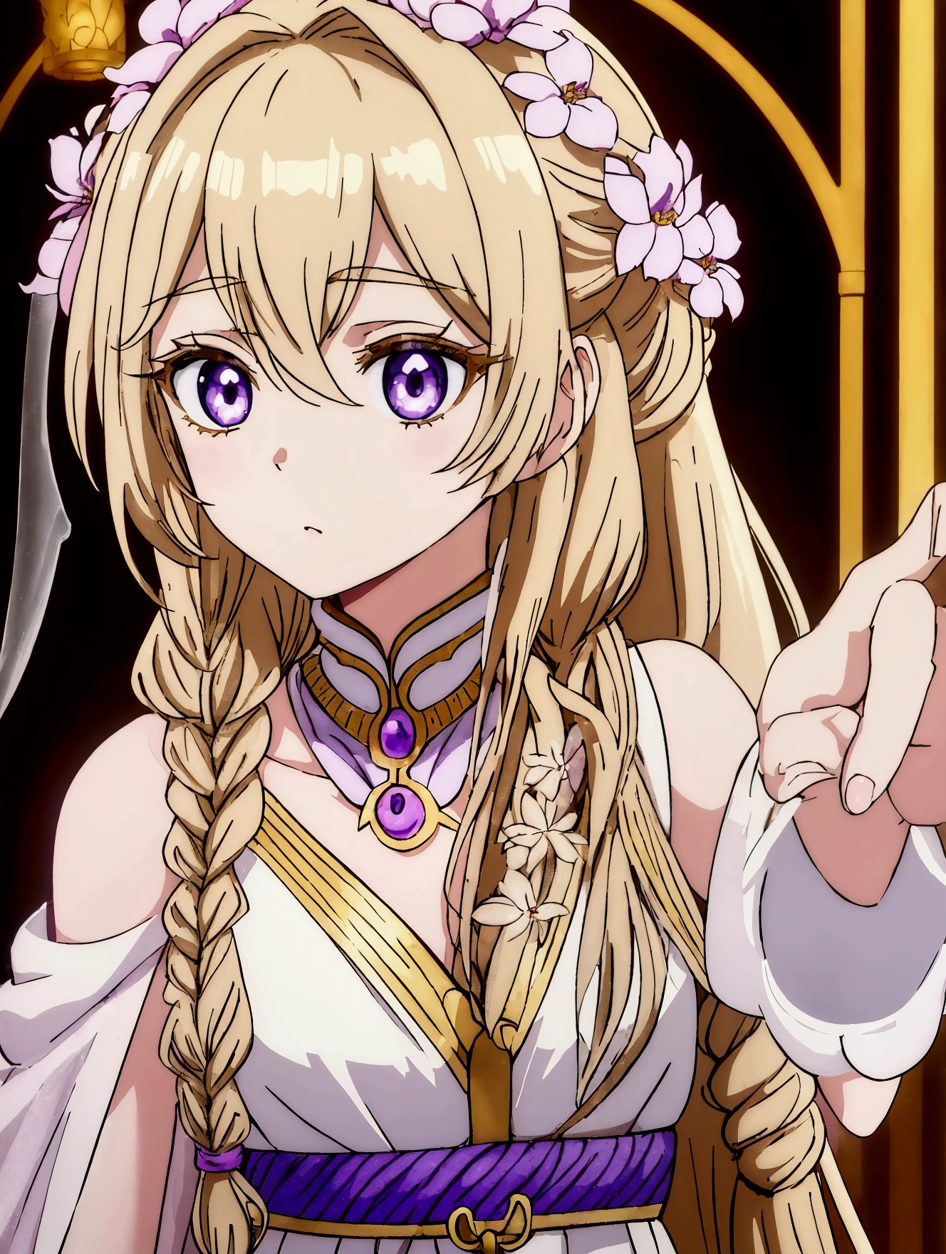 A 19-year-old anime girl, delicate purple eyes, innocent, beautiful detailed eyes, long eyelashes, soft porcelain skin, angelic expression, brown blonde hair in a braid with flowers, wearing a fine embroidered ancient egyptian dress, petite and elegant figure, cinematic lighting, ethereal atmosphere, pastel color palette, masterpiece, high quality, 8k