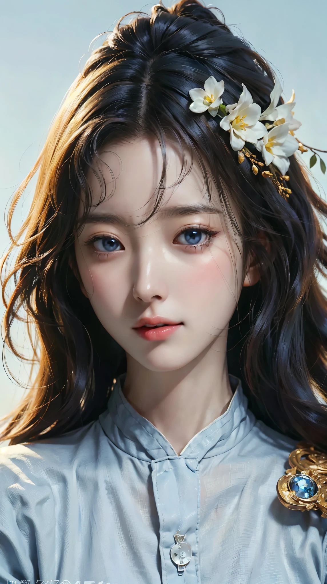 (masterpiece), ( top notch ), ( High Quality Details), (illustration), (1 woman),  look at the viewer and focus on the , (Interview),  beautiful and detailed eyes ,  delicate and beautiful face , Floating , (High saturation), (shining),  blue sky, Bright and beautiful face,  skin is young and radiant , 공정하고 shining, Best appearance , Very beautiful,  big eyes shine with clear sky blue light,  beautiful and amazing beautiful girl ,