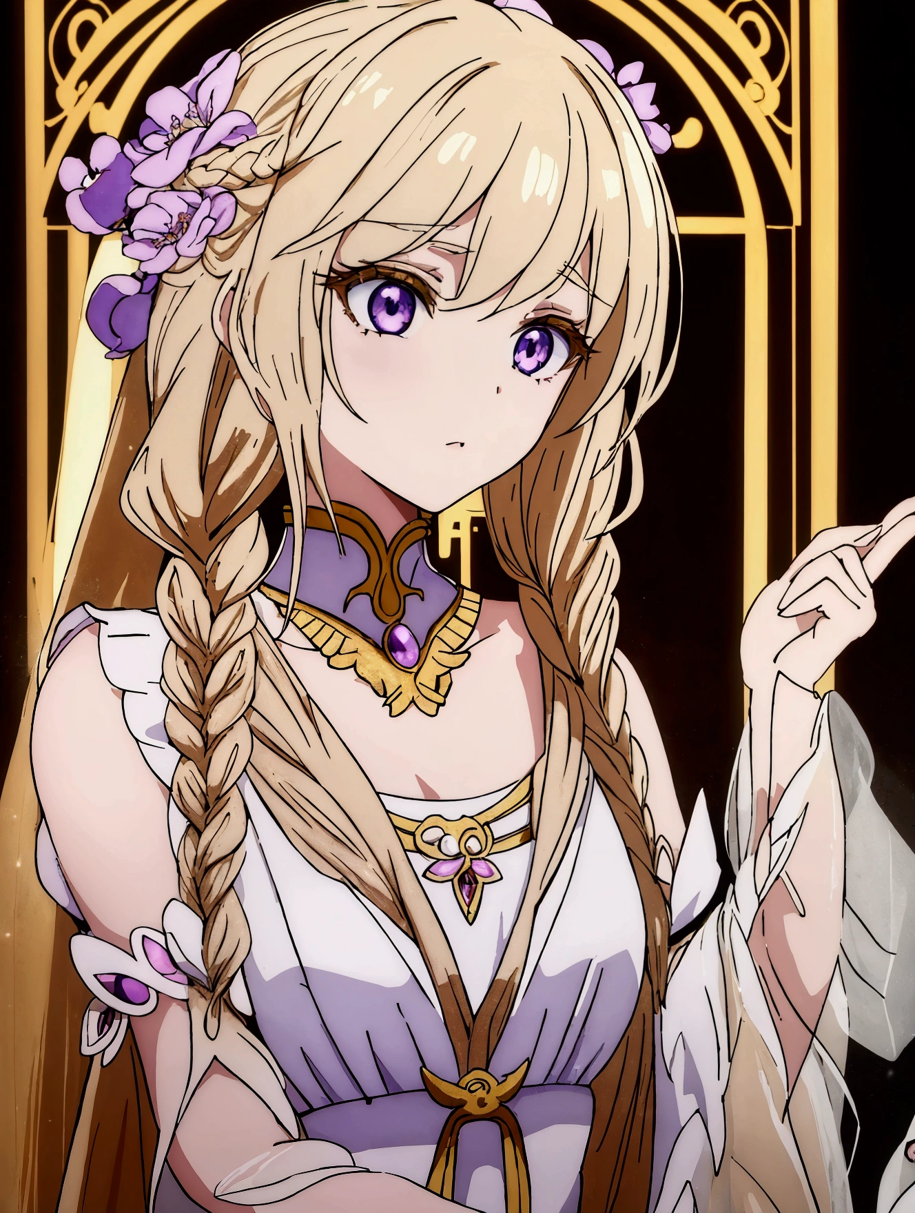 A 19-year-old anime girl, delicate purple eyes, innocent, beautiful detailed eyes, long eyelashes, soft porcelain skin, angelic expression, brown blonde hair in a braid with flowers, wearing a fine embroidered ancient egyptian dress, petite and elegant figure, cinematic lighting, ethereal atmosphere, pastel color palette, masterpiece, high quality, 8k