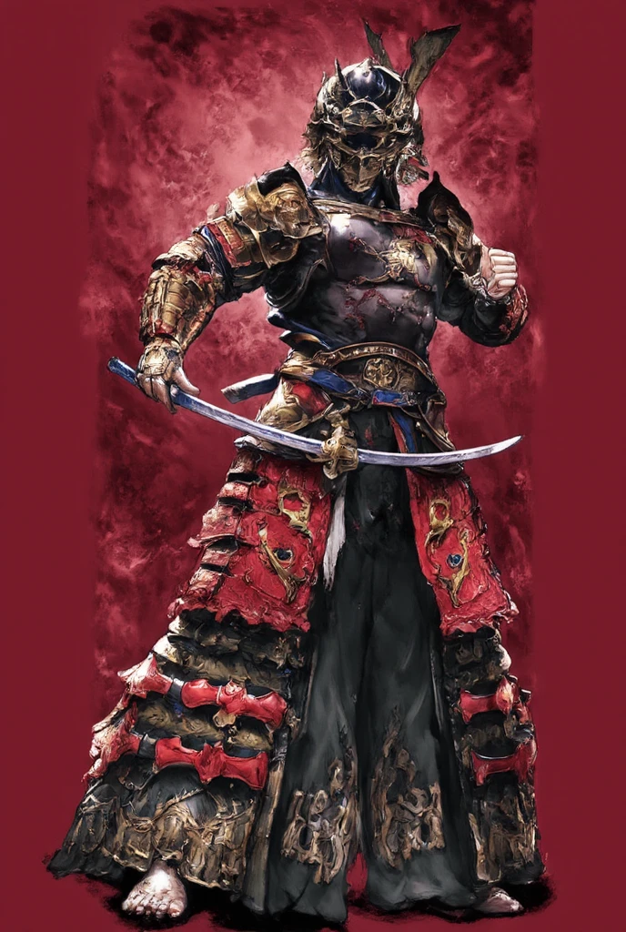 ((masterpiece, highest quality, Highest image quality, High resolution, photorealistic, Raw photo, Extremely detailed CG unified 8k wallpaper)), Dramatic Light, Volumetric Light, KATANA, A samurai wearing armor and a helmet is holding his sword, can't see his face, action pose, attention to the sword as a beautiful work of art, simple background, dark background, the sword reflecting light,