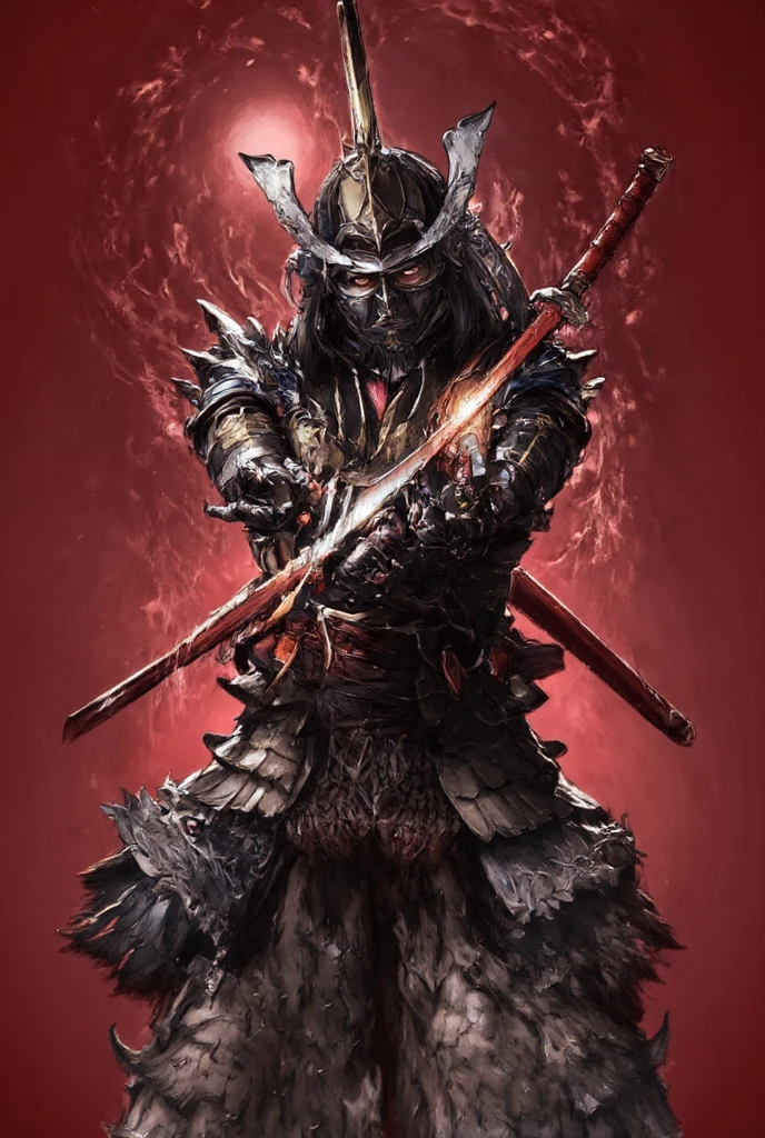 ((masterpiece, highest quality, Highest image quality, High resolution, photorealistic, Raw photo, Extremely detailed CG unified 8k wallpaper)), Dramatic Light, Volumetric Light, KATANA, A samurai wearing armor and a helmet is holding his sword, can't see his face, action pose, attention to the sword as a beautiful work of art, simple background, dark background, the sword reflecting light,