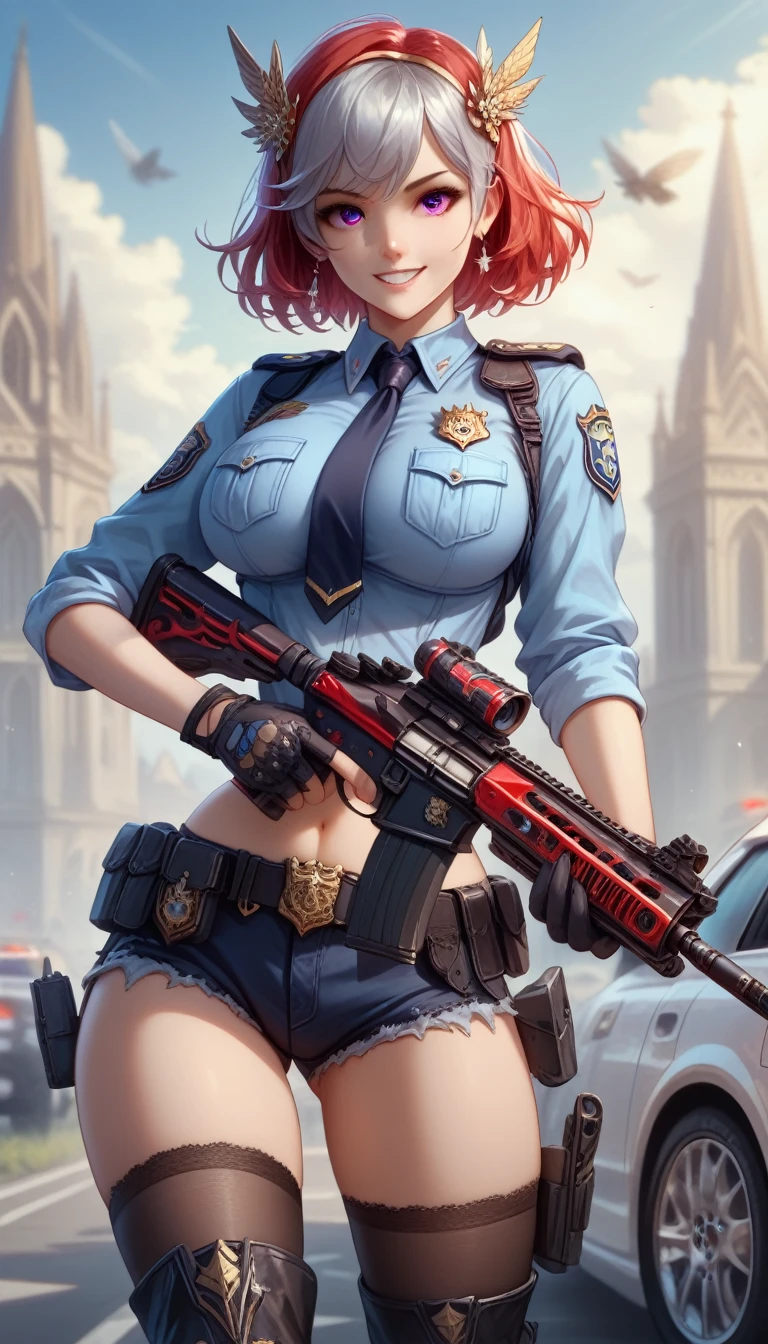 ultra-detailed,16K,(best quality),((masterpiece)),(highres),original,extremely, 1girl, solo, hair ornament, short hair, grey hair, red hair, purple eyes, wearing police uniform, wearing bootyshorts, black gloves, tactical belt, black thighhighs, boots, busty body, large breasts and a beautiful ass, holding assault rifle, showcasing cleavage, legs, hips, looking at viewer, smile, detailed body, police car background