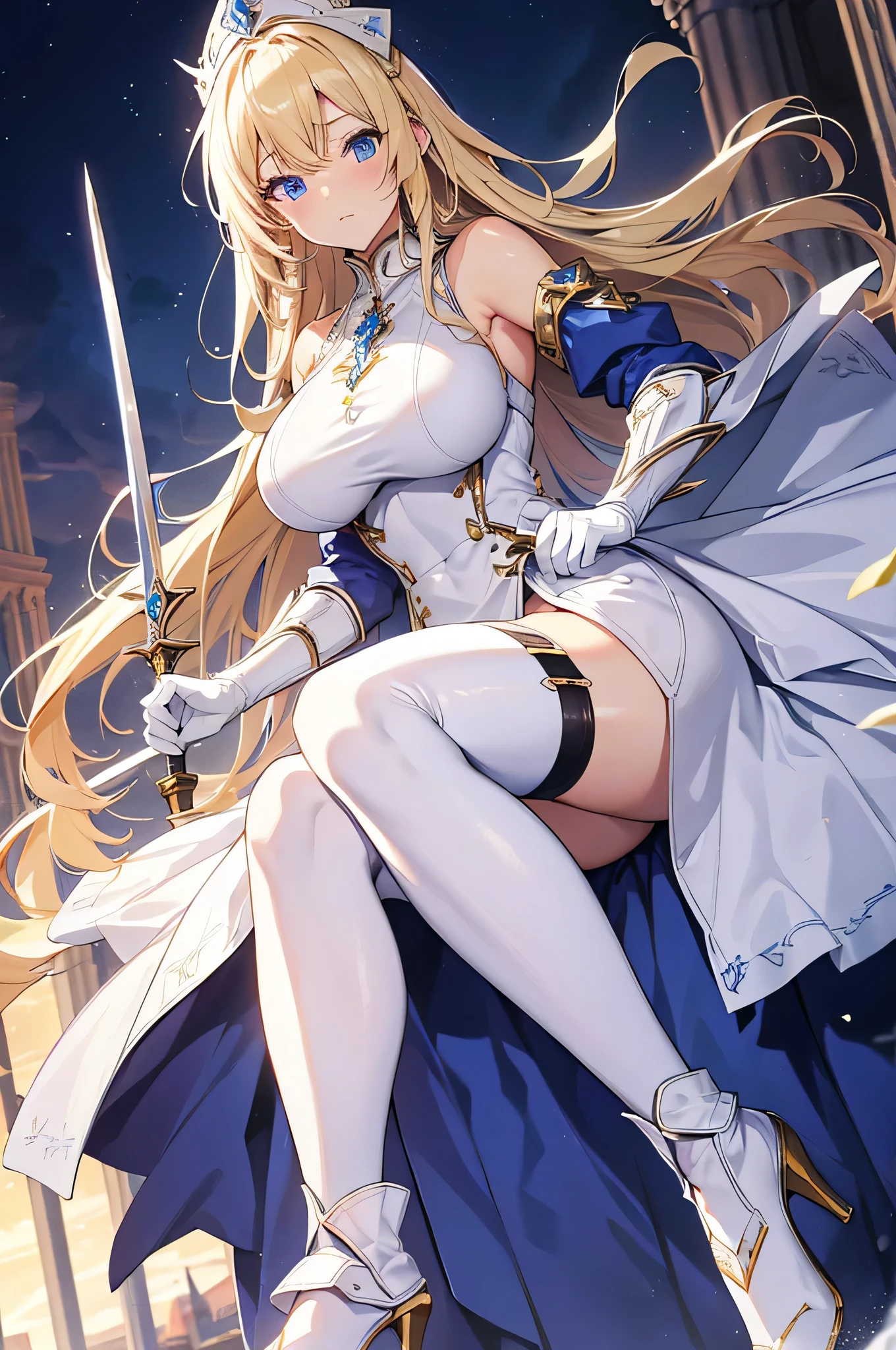 4K,High resolution,One Woman,Blonde,long hair,Blue Eyes,Big Breasts,Swordsman,White Chinese dress,Sleeveless,Sideboob,Black tights,White shoes,White gloves,hair band,Jewelry decoration,Long sword,Medieval town