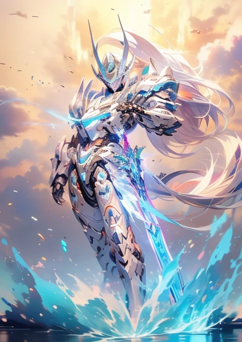  super wide shot ,   close-up of the front photo itself ,Mecha female warrior close-up， future warrior style 《Mechaカラー: The main color is white，blue， purple decoration 》，（《 reference Japanese sword 》，A sword in one hand ， the knife itself shines blue ）， from Genshin Impact to Keikei , (masterpiece) ，  best quality，  High Quality ， Movie Lighting， （A wonderful future），  beautiful and beautiful ， Super detailed， great composition， floating，  depth of field， （ CG in detail， Unity 8k Wallpaper ）， （Beautiful detailed background ）， Dramatic light， Gogeta， Mecha， best quality， super high definition 8K ultra HD ， dslr camera， High Quality ， film grain resolution ，with a detailed look ，Luxurious，Milky W，  and very detailed skins  ， realistic details of the skin ， visible pores， the focus is perfect， volume fog ， 8K HD Streaming， dslr camera， High Quality ，film grain，Light skin