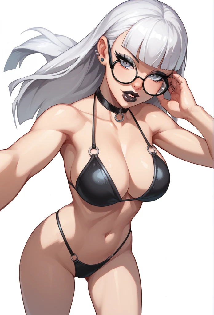 score_9, score_8_up, score_7_up, score_6_up, score_5_up, score_4_up, BREAK 1girl, white hair, hime-cut hair, straight hair, long hair, grey eyes, thick lips, small, long eyelashes, half-closed eyes, black-framed eyewear, round eyewear, black choker, blunt bangs, adult, black eyeliner, ear piercing, black lips, grey eyeshadow, looking at viewer, BREAK solo, standing, large breasts, adult, skinny, laying on the beach, wedgie, highleg, arched back, thigh gap, bikini, BREAK (white background:1.2), simple background, dynamic pose, dynamic angle, angled shot,
