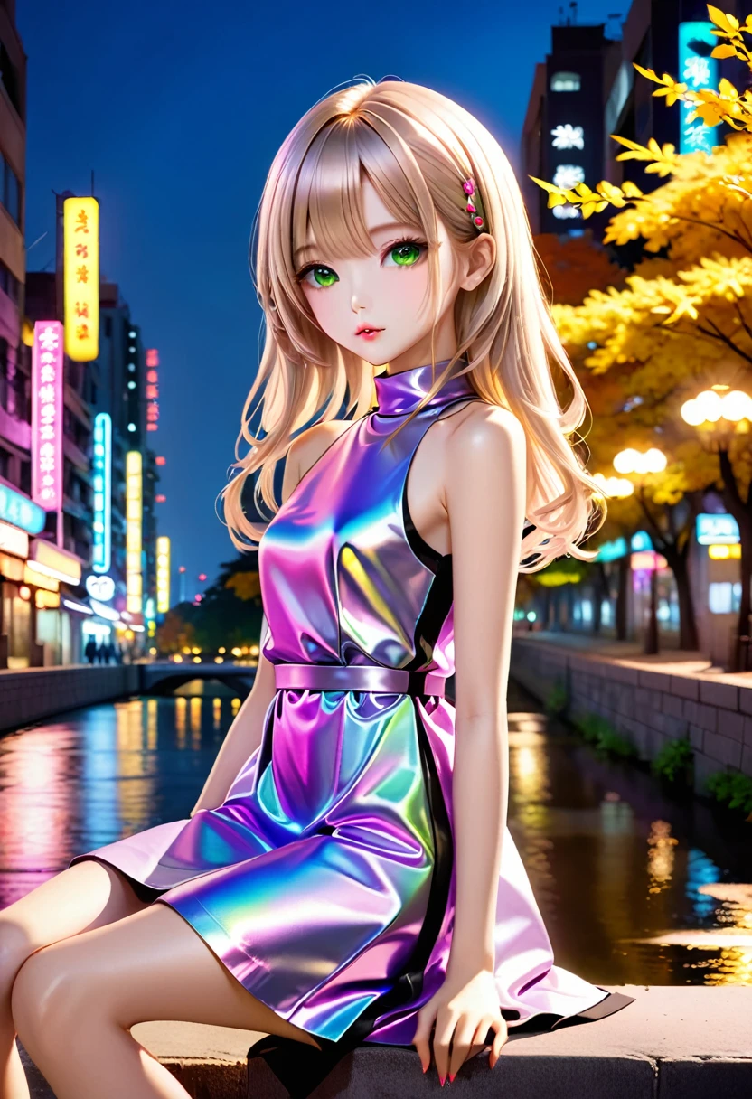 ((Autumn Night Neon Street :1.5、Sitting right on the prairie beside the river :1.5))、((Chibi:1.5)), ((((Taken obliquely from behind :1.5、from behind:1.5)), back view:1.5, looking back)),  one girl , ((Top Models:1.5))、 best quality, masterpiece,  ultra high resolution, (Realistic:1.4),  RAW Photos,  complicated details,  big beautiful dark emerald eyes :1.5, Perfect Contour, masterpiece, Silky Long Hair,  ((Blunt Bungs:1.5, twin drilled hair:1.5)), full lips:1.5, pink lips:1.5, gloss lips:1.5, parted lips1.5, slim、Short stature:1.5、(flat chest:1.2,  tight chest:1.2, High chest:1.5),  (( Super Soft Loose High Neck Sleeveless Metallic Satin Middle Dress:1.5、Shiny super shine iridescent beige dress:1.5)), ((The background is a night neon city:1.5、Hot Spring Town:1.5、Yellow Leaf 、Bokeh))