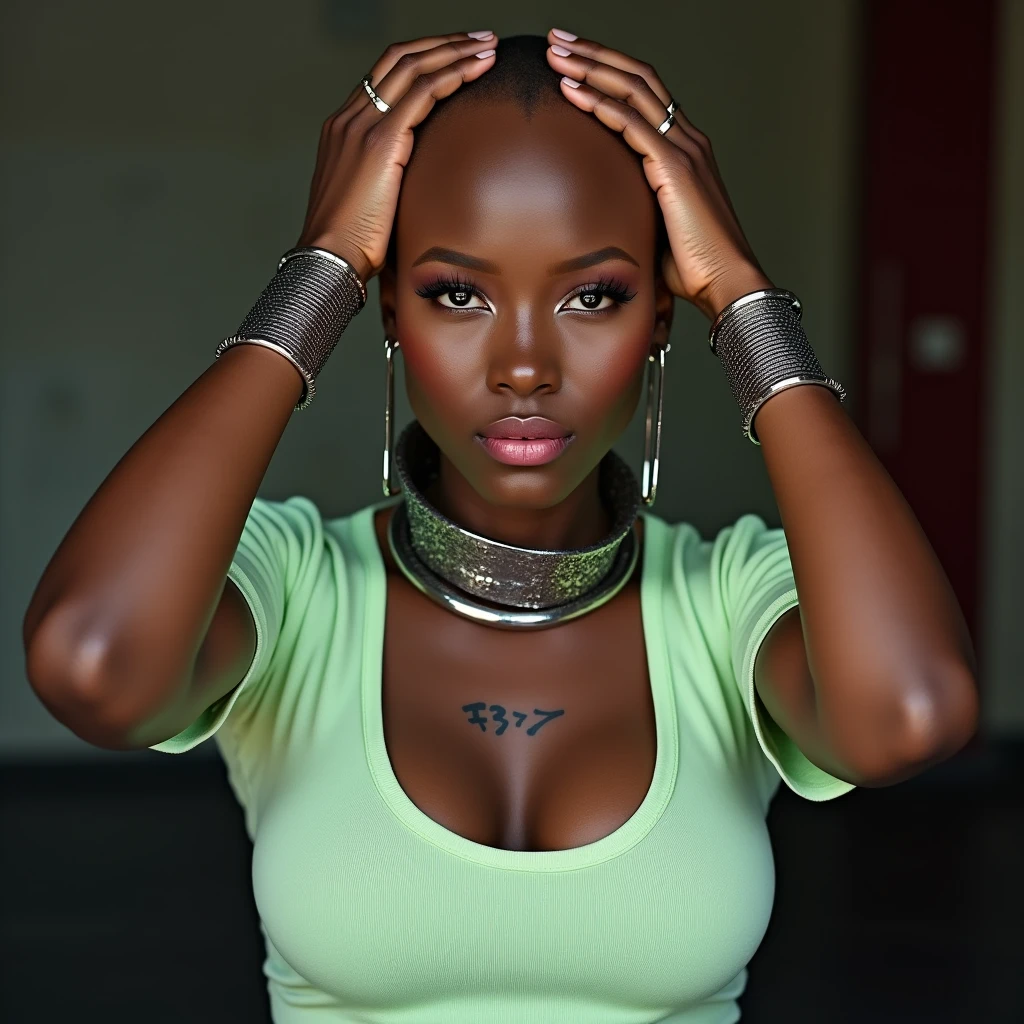 sexy black bitch dark skin short military buzz cut hoop earrings full body pose topless