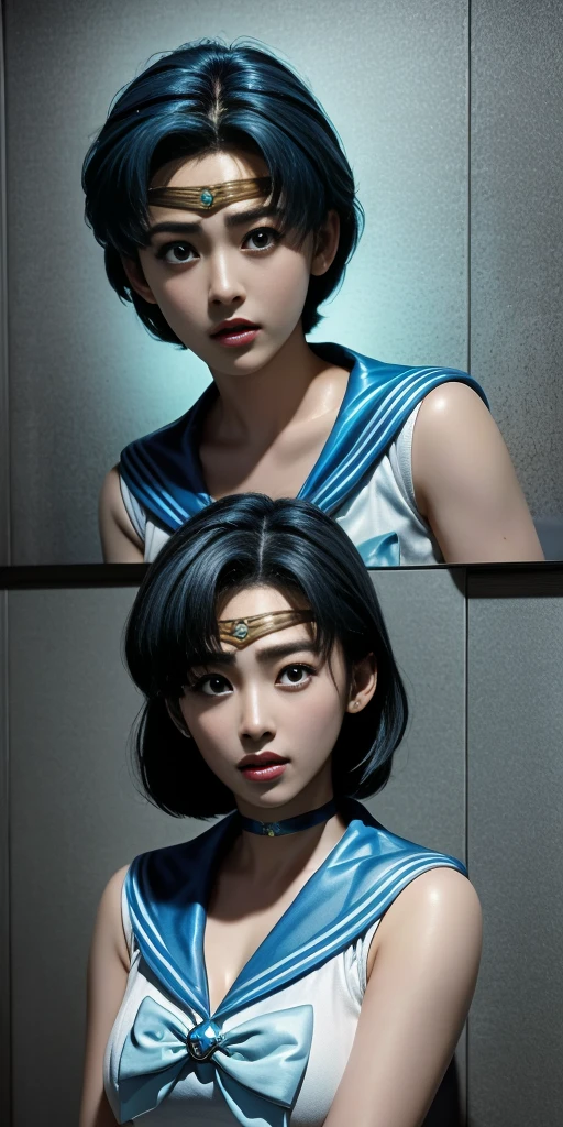 , Incredibly high resolution, formula wallpaper, Poster, masterpiece:1.2. Realistic illustration, Super detailed,  Extremely detailed,  dramatically illuminated. Ami Mizuno,  Sailor Mercury, underground prison