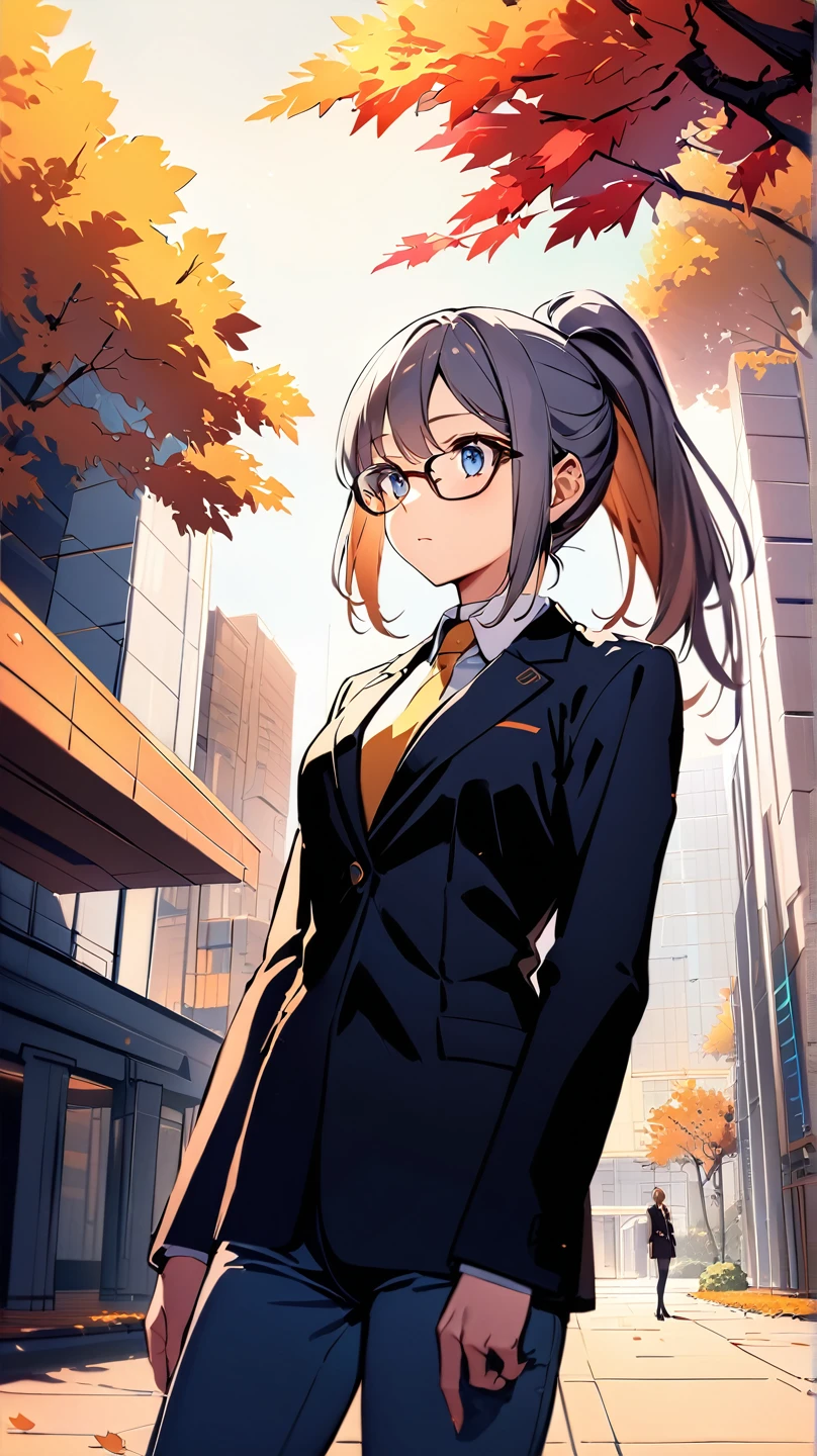 A beautiful female scientist with silver hair styled in a sleek ponytail, wearing fashionable eyeglasses and displaying bright blue eyes, standing in a serene, futuristic garden within a sci-fi city. She is dressed in a stylish black tweed blazer with subtle futuristic patterns, paired with form-fitting skinny jeans, capturing a blend of elegance and modern style. The scene is set in the fall season, with vibrant autumn leaves in shades of red, orange, and yellow scattered around the garden and gently falling from nearby trees. The background reveals glimpses of advanced architecture, with sleek, futuristic buildings rising in the distance, surrounded by lush autumn foliage. The scientist is positioned on the right side of the image, with the focus on her upper body, exuding a calm and thoughtful expression as she gazes slightly off-camera. Soft, golden sunlight filters through the autumn trees, casting a warm glow over her face and adding to the cozy, fall atmosphere.