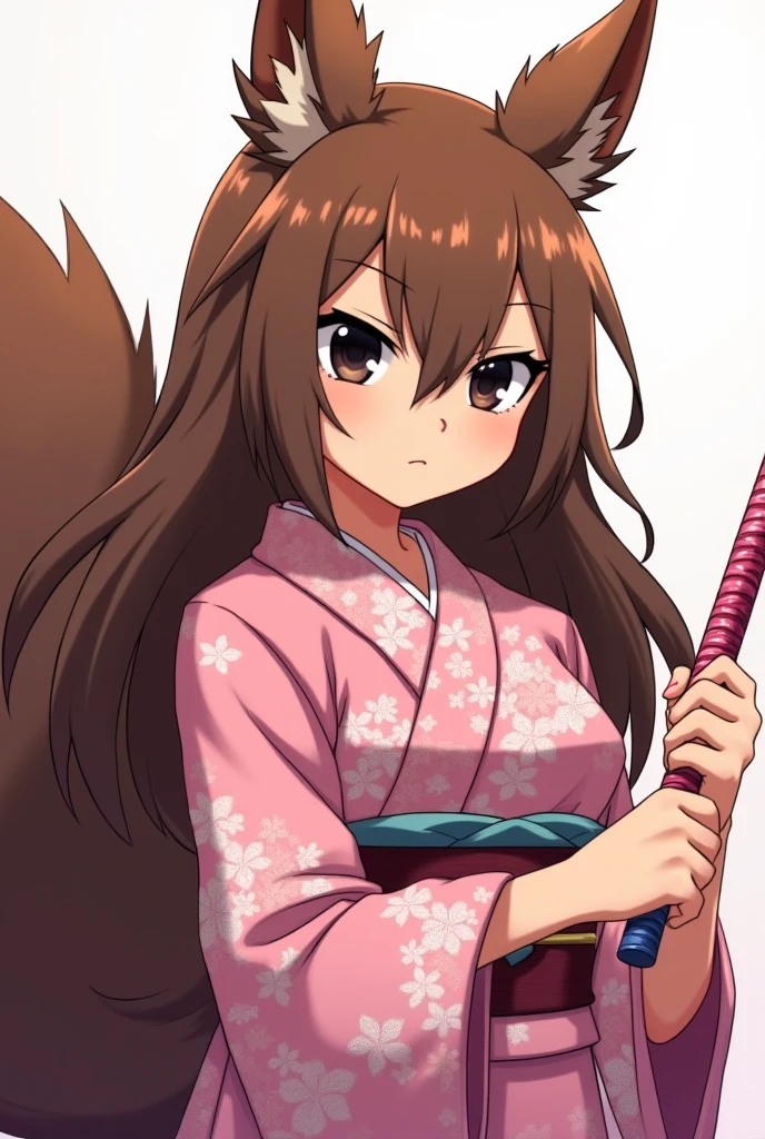 Furry squirrel girl , anime style, demon Slayer, Kimetsu no yaiba, Skin a little bit dark , squirrel nose , black eyes, long brown hair , with a tender but intimidating expression with Japanese kimono with pink floral print and pastel pink katana