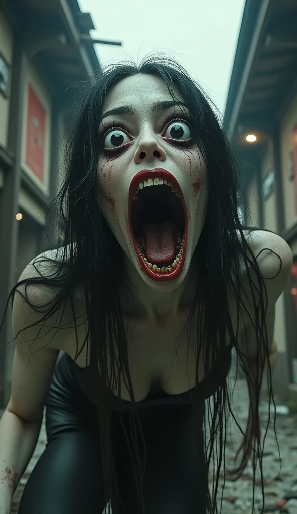 Action shot of terrifying woman (pale skin, long black hair, empty eyes) entity with large teeth chasing after the viewer, dynamic running, in a decrepit basement in Hell, creepy, unnerving, unsettling, terrifying, 80mm, horror lighting, dynamic action, 8k, blood stains, blue footage filter, hd, impressionism