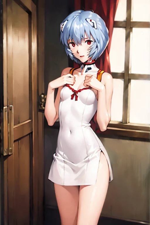 (( best quality)), ((masterpiece)), (be familiar with),  perfect face, indoor, bedroom,  viewer,
One woman, Rei Ayanami,
 characters with open mouth ,  ecstatic expression with hands in front of body, blush, smile,
Small breasts,  flat chest, Young girl, Lori,  s,  girl,
Short Hair,  short hair,
Leg spread,