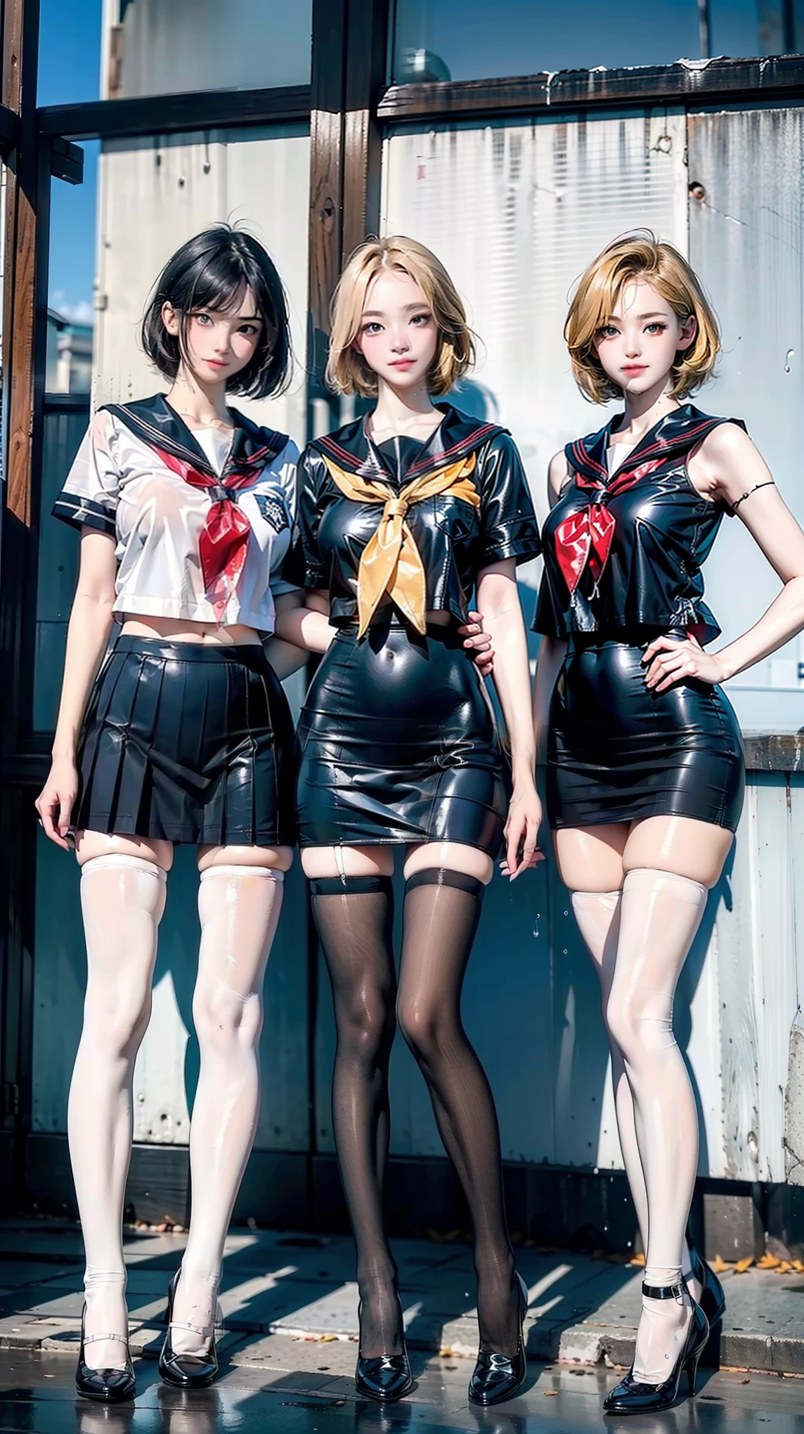 ((There are 4 of us:1.8))、(4 sisters)、gal、(Neon Street)、((Tall model body type)4 high school girls:1.0))、(Standing facing this), Full body photography、( gals:1.0)、(wide thighs, Very Long Legs), High heels on the ground, classroom, (masterpiece:1.3), (8k, Realistic, RAW Photos, Highest quality: 1.4), Beautiful Face, (Realistic face), (Blonde short cut:1.3), realistic eyes, Very beautiful eyes, Realistic skin, Beautiful Skin, Ultra-high resolution, Super Realistic, Very detailed, Golden Ratio, cute, cute female teacher, High school girl in summer clothes, Surreal school girl, pleated micro mini skirt, Wet panties、(Black Stockings)、high heel loafers, Full body portrait, Thin arms, (Big Breasts)、black leather designer bag、 High school girl in sailor suit, Surreal school girl, high waist micro mini skirt, Milk splashed on the uniform、(Black stockings pantyhose with splashes of)、pantyhose, Black Stockings、high heel loafers, Full body portrait, Thin arms, (Big Breasts)、Her uniform shirt is open, expose her bra、wide thighs、Long legs,(Female teacher and high school girl GAL:1.5)、