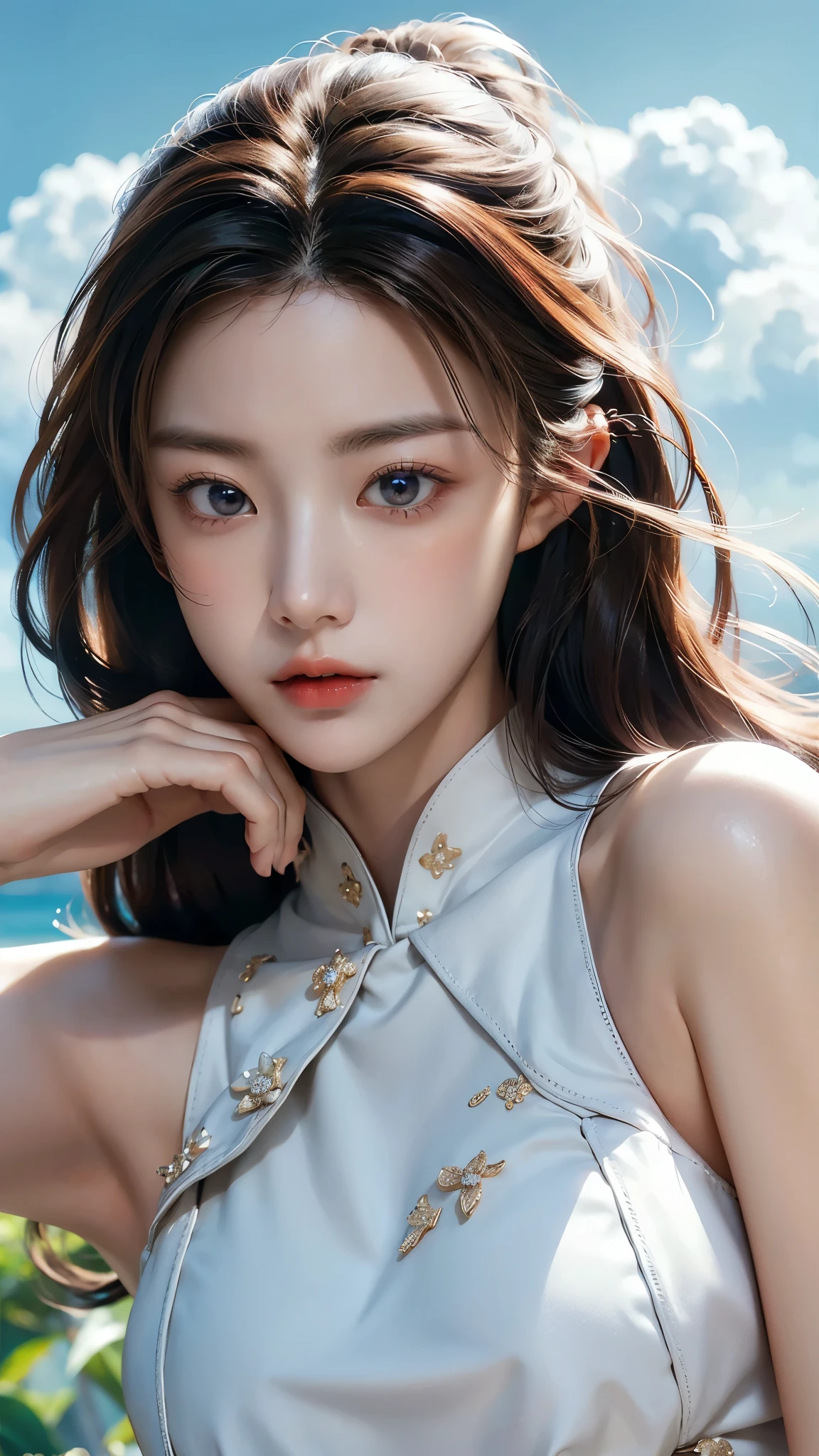 (masterpiece), ( top notch ), ( High Quality Details), (illustration), (1 woman), look at the viewer and focus on the , (Interview), beautiful and detailed eyes , delicate and beautiful face , Floating , (High saturation), (shining), blue sky, Bright and beautiful face, skin is young and radiant , Fair and shining, Best appearance , Very beautiful, big eyes shine with clear sky blue light, beautiful and amazing beautiful girl ,
