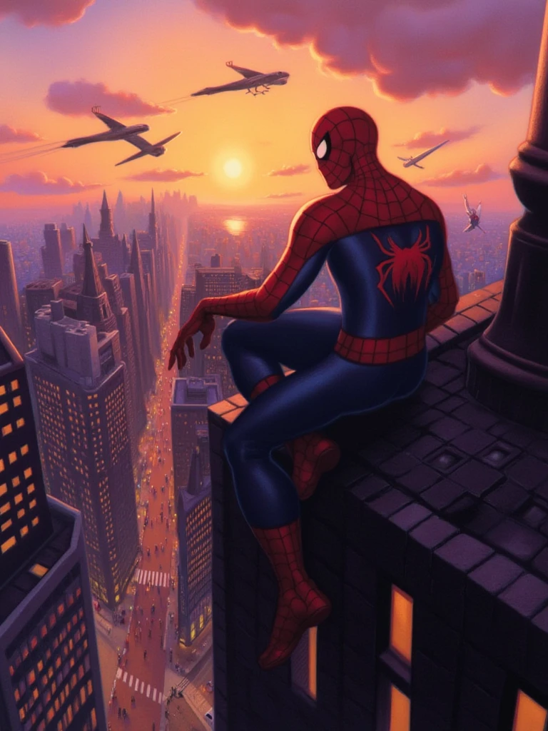 mrygp, Spider-Man sits perched atop a New York City skyscraper at sunset, the sky painted in warm hues of orange and purple. His mask reflects the city lights below as he gazes down over the bustling streets, ready to swing into action at a moment’s notice. His stance is tense yet agile, and the wind lifts the edge of his suit, capturing the balance between calm observation and readiness to protect the city.